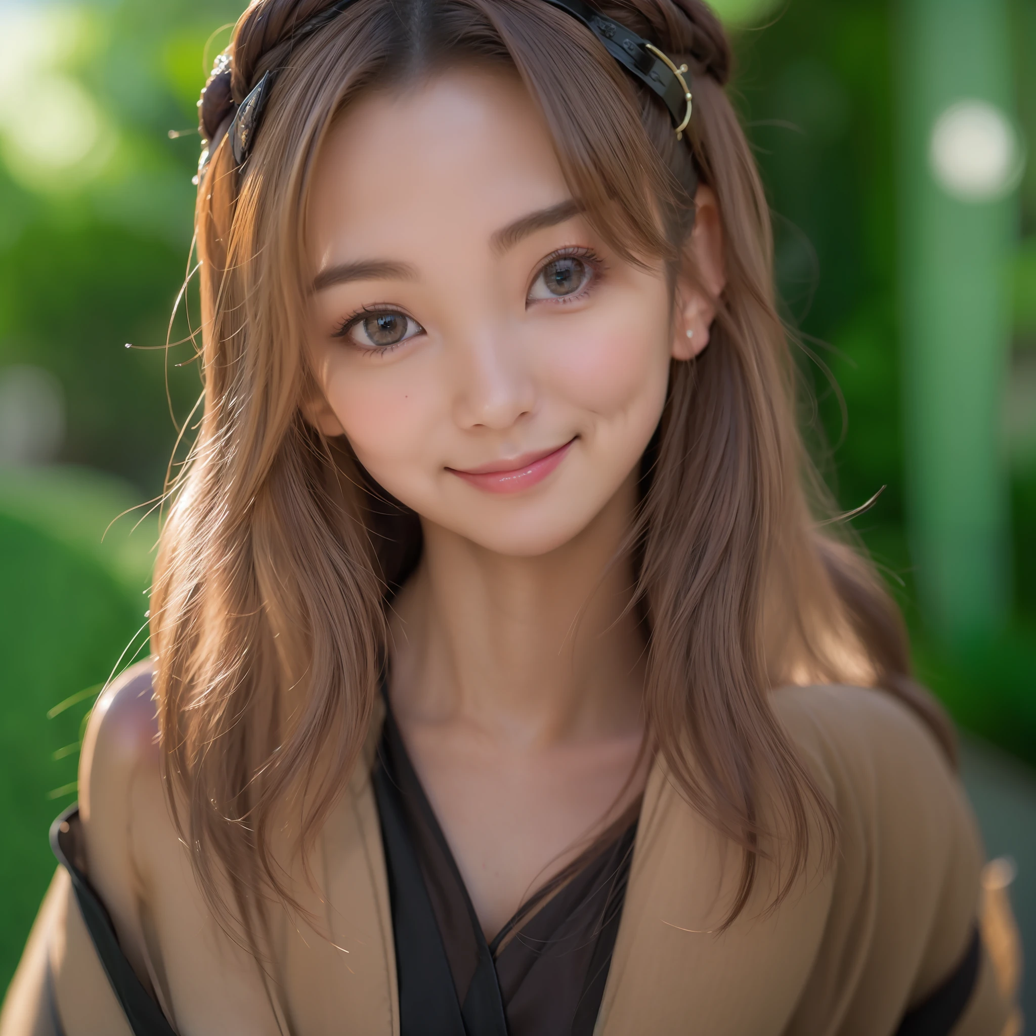 Evil smile, Twenty-year-old girl, komono, Full figure, The background is blurred out, Amazing, Perfect face, Realistic skin details, Attractive eyes, best qualityer