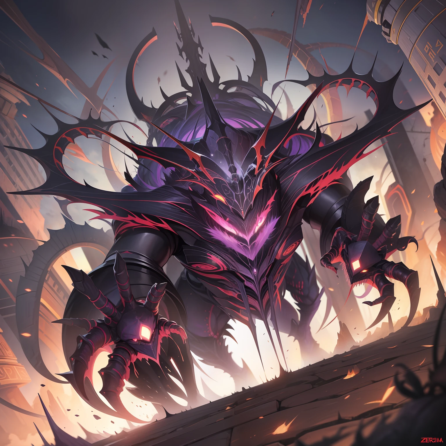 A Zerg queen with a unique appearance，Black purple demonic hair and double horns，Human facial features，Zerg physical characteristics，Turn right to Facial，Point your finger to the right，Running action，Lead spooky creatures。Zerg series concept artwork，Show the biomechanical appearance of a large alien，The momentum of the God of Chaos，Leader image，Alien insect image。