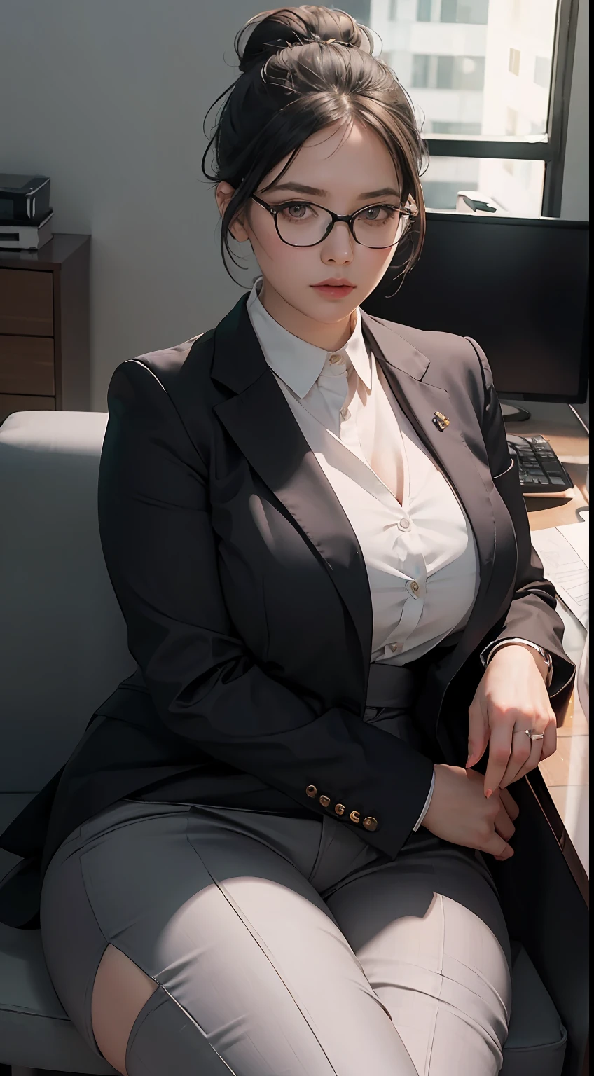 (upper body:1.2 1girl, masterpiece, best quality, ultra-detailed, illustration, finely detailed eyes and detailed face) Clothes: business suit pants, tight white blouse, wedding ring, Appearance: short black hair in a neat low bun, natural makeup, (purple eyes:1.05), white glasses, wide hips, massive breasts, alluring, motherly, at_the_CEO_office, looking at viewer, curvy, voluptuous, full body, CEO lady, (mature female, milf:1.1), solo, (curvy:1.1), big ass, thick thighs, milf, modern office background, sitting down, legs crossed
