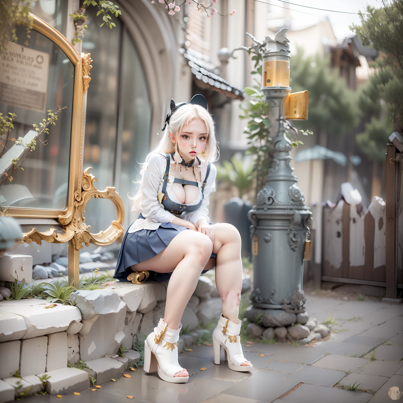 Leg clamping, urine holding, miniskirt, giant breasts, cute, white legs