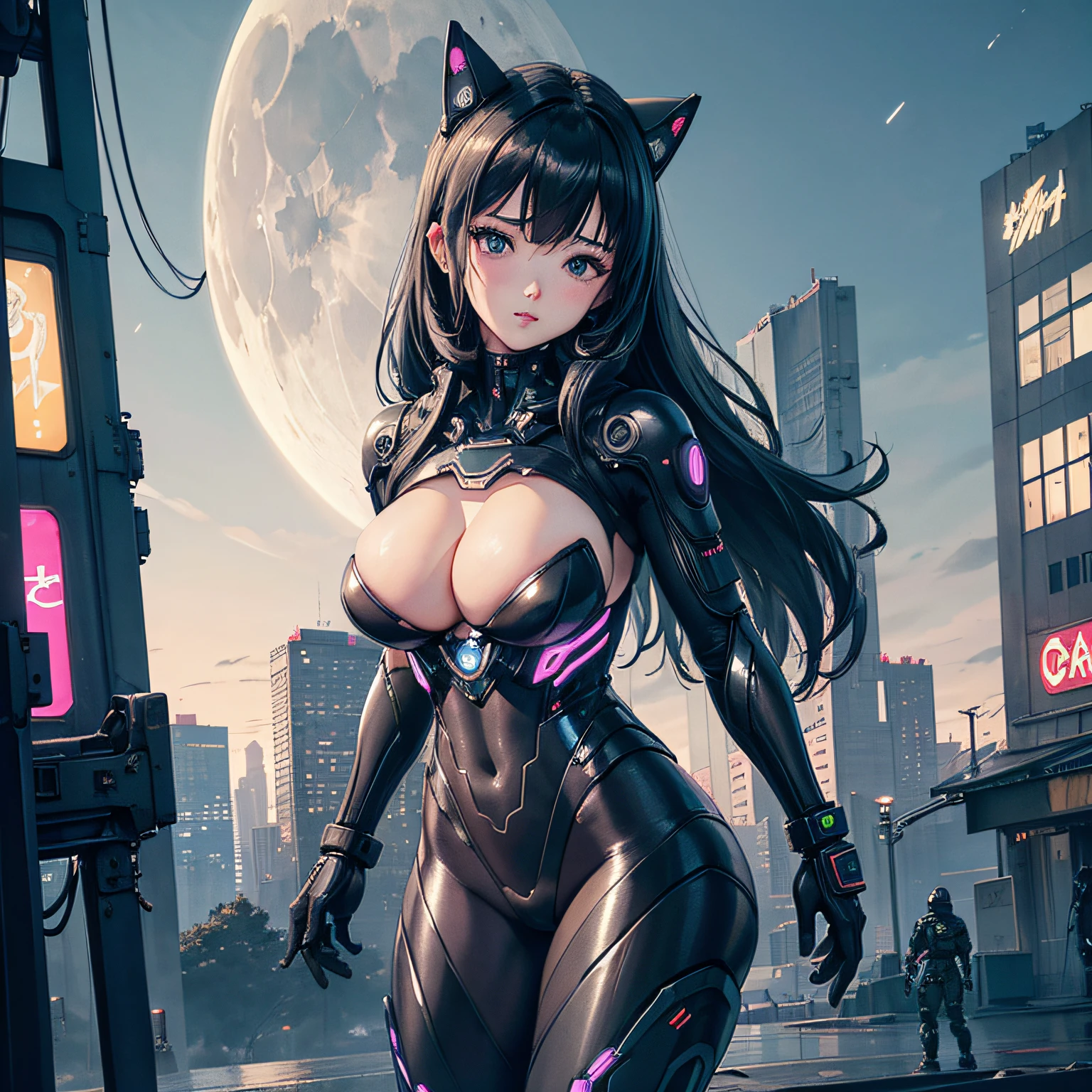 realisitic、tits out、Cyberpunk、cleavage of the breast、Beautifully shaped breasts、Overexposed、Cyber City、a moon、Moon Night、nightcity、((top-quality)), ((masterpiece)), (high-detail:1.3), 3D, Beautiful fece、mechanical suit、Near Future Cyber Suit、Black Cybersuit、Black Robot Costume、bustup、Kamimei、machinery suit