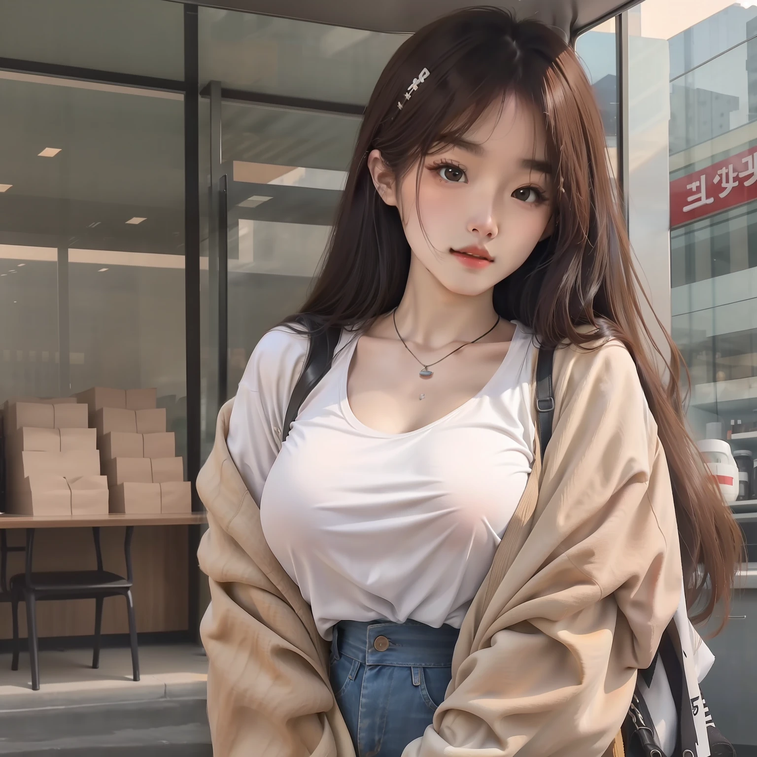 a close up of a woman with long hair wearing a white shirt, beautiful Korean women, Beautiful young Korean woman, Beautiful young Korean woman, Korean girls, Asian girl with long hair, Korean woman, jaeyeon nam, Beautiful Asian Girls, Young and cute Korean face, ulzzangs, girl cute face, Portrait of a Korean female idol, very pretty girl, The chest is huge, 爆乳, latte