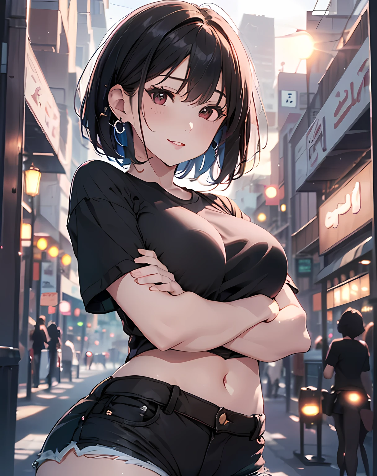 (((face close-up image:1.5, from below, POV, crossed arms on stomach, holding own breasts, grabbing own breast))), (masterpiece, best quality:1.37), highres, ultra-detailed, ultra-sharp, BREAK, Korean school idol, (((1girl:1.37, solo))), (beautiful anime face, cute face, detailed face), (black hair:1.3, thin hair:1.3, (((extremely short hair:1.3))), bob-cut hair style:1.3), detailed beautiful cyan eyes, BREAK, ((detailed black T-shirt:1.5, shorts:1.5)), BREAK, lovely look, earing, detailed clothes), huge-breast:1.37, curby, light smile, closed mouth, parted lips, pink lipstick, BREAK, ((looking straight at you, cowboy shot)), detailed human hands, HDTV:1.2, ((detailed sunset Egypt downtown street venue background:1.3)), 8 life size, slender:1.15, anime style, anime style school girl, perfect anatomy, perfect proportion, inspiration from Kyoto animation and A-1 picture, late evening, excellent lighting, bright colors, clean lines, photorealistic