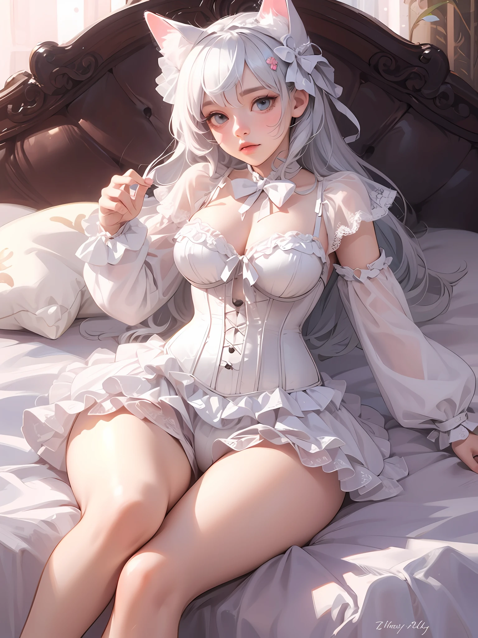 (Artwork of exceptional craftsmanship),(Detailed illustrations,(Very ideal anatomy),Very detailed and detailed drawing,Delicate lines with slow and rapid,(Realistic texture expression)),[Color tressed main line],[Strange bedroom background],[HENTAI ANIME] (JapaneseGirl (Beautiful shape)  student [Luxury Girl] (cat ear ((plump)) (large chest with drooping,[wide areola]))),(Full body lingerie (Pure white corset) (Ribbon Ruffled Lace Fabric [lolita fashion])),[Realistic and glossy skin expression ([High humidity] (Soft body)),([sitting] [[boredom]] gravure),Transparency, soft ambient light,(Perfectly proportioned),(Fine and beautiful skin expression [realistic skin detail]),[Design built to the highest level,[Advanced structural understanding of materials],Ideal color coordination],(Intricate and beautiful decoration [Dense detail]),(More on shiny hair),[Perfect hand details [Beautiful Finger]],(Beautiful perfect face [Realistic face details]),[Clear gaze],[long and beautiful eyelashes],[Perfect eye details (Eyes beautifully drawn down to the smallest detail)],(detaileds,high-detail),([Precision Detail],[multi-layer texture],HighQuality,hight resolution),[(Accurate simulation of light-material interactions),Understanding Airflow,Mechanically correct representation],[Visual art that conveys a sense of narrative] [Full body like],[[Desaturation]].
