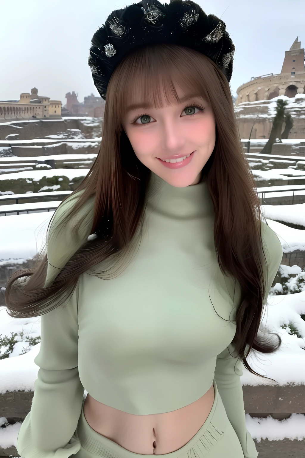 (Masterpiece),(Best quality),(Ultra-detailed), (full bodyesbian:1.2),
2girls,duo,Castel Sant'Angelo in Rome,navel,winter,Snow,crowd,Cute, Smile, Open mouth, green headwear, Blurry,  Long sleeves, bangs, Earphone, Black hair,
(Beautiful detailed face), (Beautiful detailed eyes),