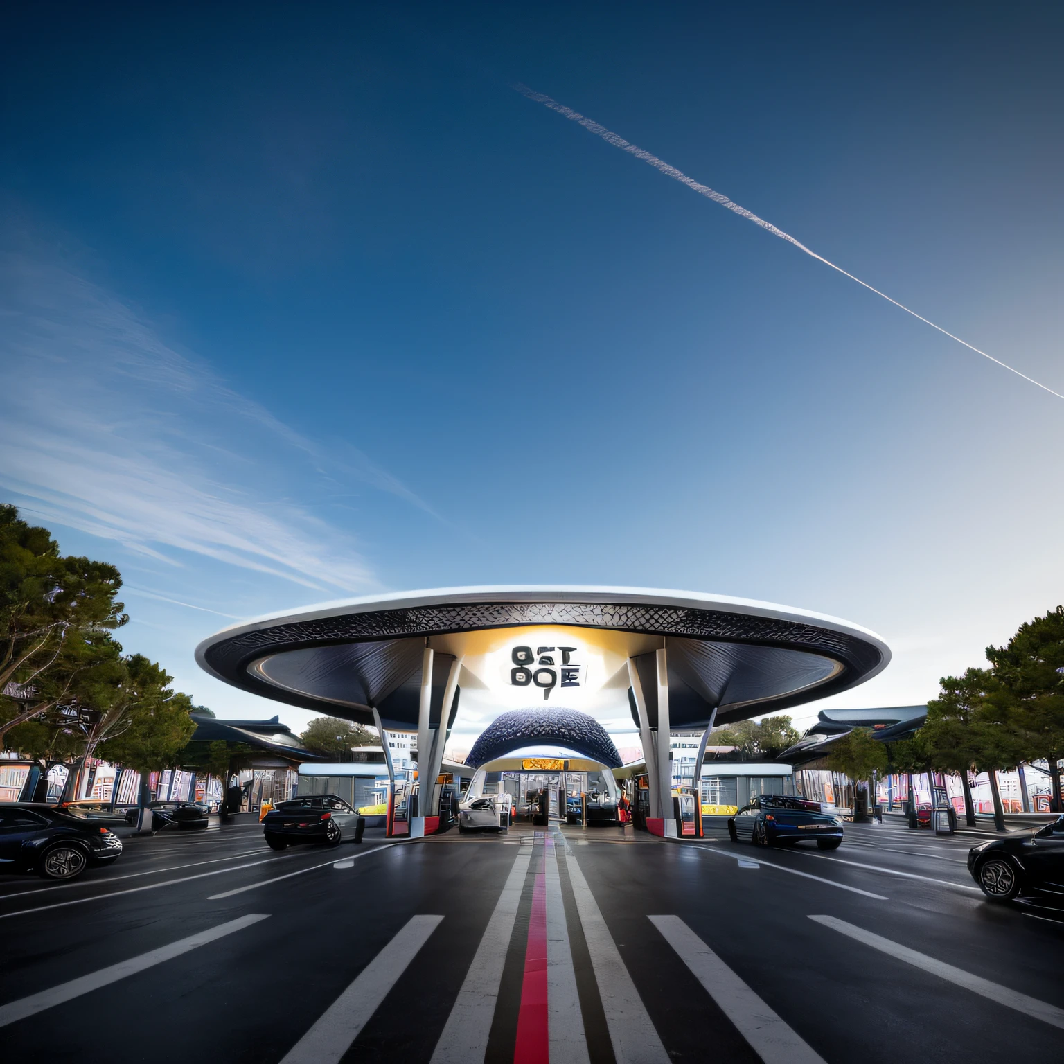 ((Masterpiece, Best quality)), 8K,gasstation，Canopy，pillar， modern architectural style, The color is bright，Space elements，epcot，photographrealistic, hyperedetailed photo, Clean skies, Lots of cars，lots of people，The atmosphere is lively，城市, cyber punk perssonage