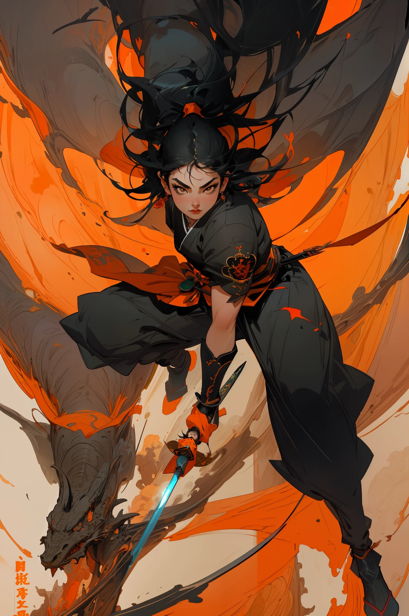 Best quality, masterpiece, ultra high res,1girl,beautiful_face, detailed skin, gu, dragon, dragon head, dragon in the background, full body, weapon, black hair, holding weapon, blood, arm guards, male focus, looking at viewer, black eyes, tabi, floating hairfull body, orange, leaning forward