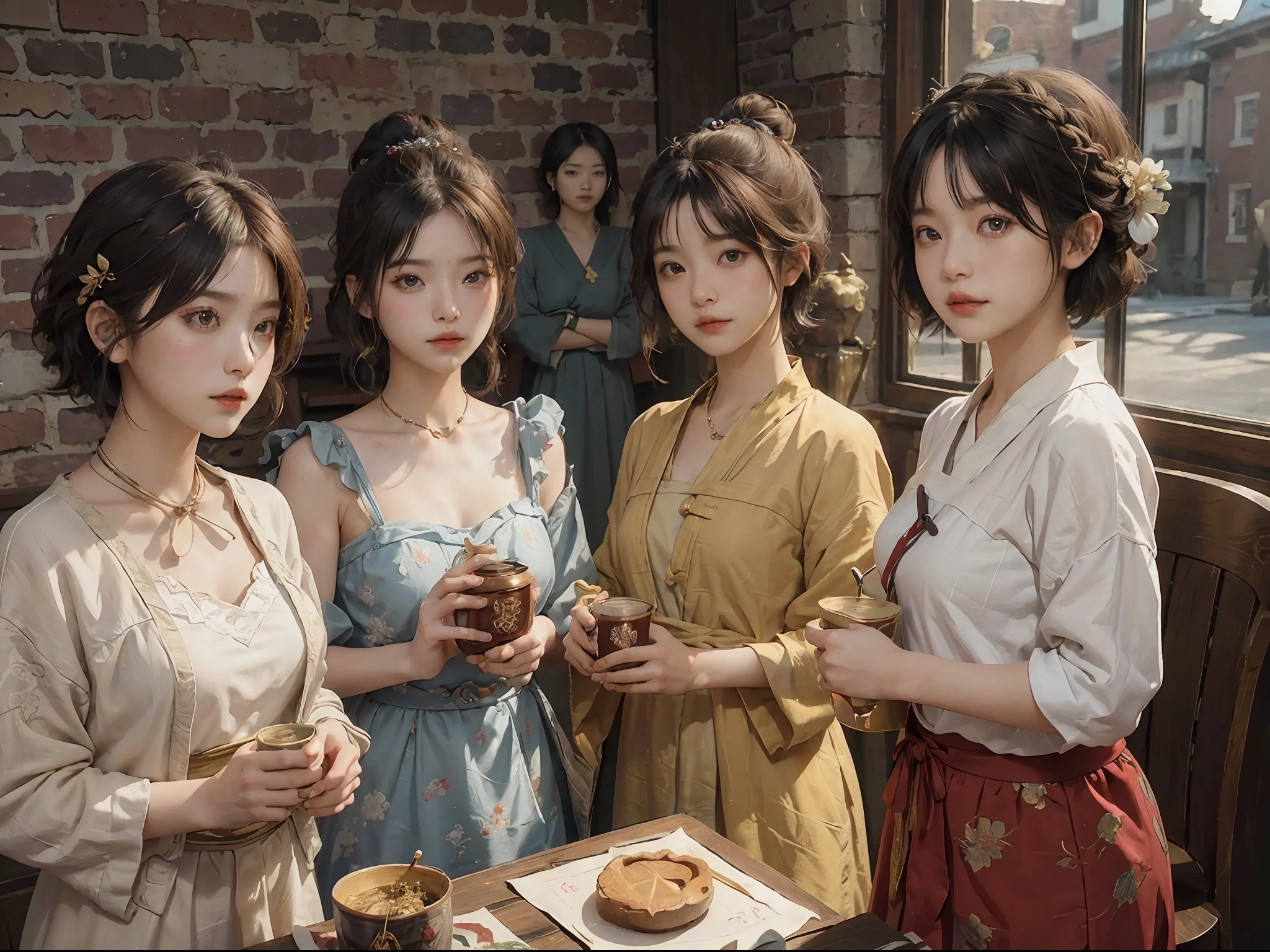(RAW Photography、top-quality)、(realisitic、Photorealsitic:1.3)、top-quality、high-detail、​masterpiece、ultra-detailliert、illustratio、1girl、((very_short_hair))、dynamic ungle、world masterpiece theater、((Regular_hairstyle))、top-quality、the Extremely Detailed CG Unity 8K Wallpapers、inky、magnifica、电影灯光、lens_flare、dunhuang_style、Beautiful brick wall、vases、Hotels in London