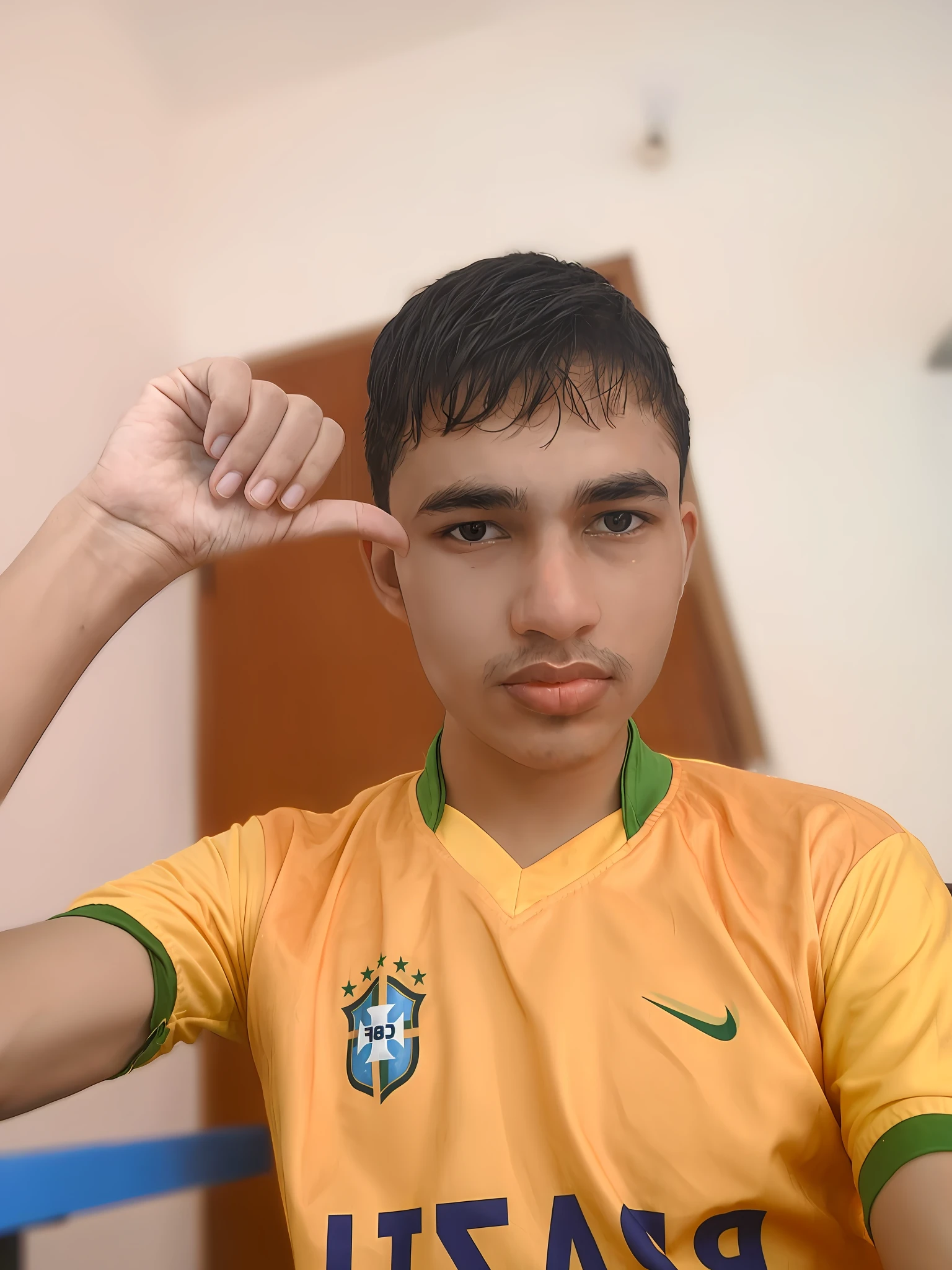 arafed young man in a yellow shirt holding his finger up, frontal picture, very very low quality picture, face picture, with accurate face, low quality photograph, caio santos, taken with sony alpha 9, mateus 9 5, frontal pose, portrait mode photo, portrait shot 8 k, face photo, inspired by Nathan Oliveira, very accurate photo, 8k Ulta HD