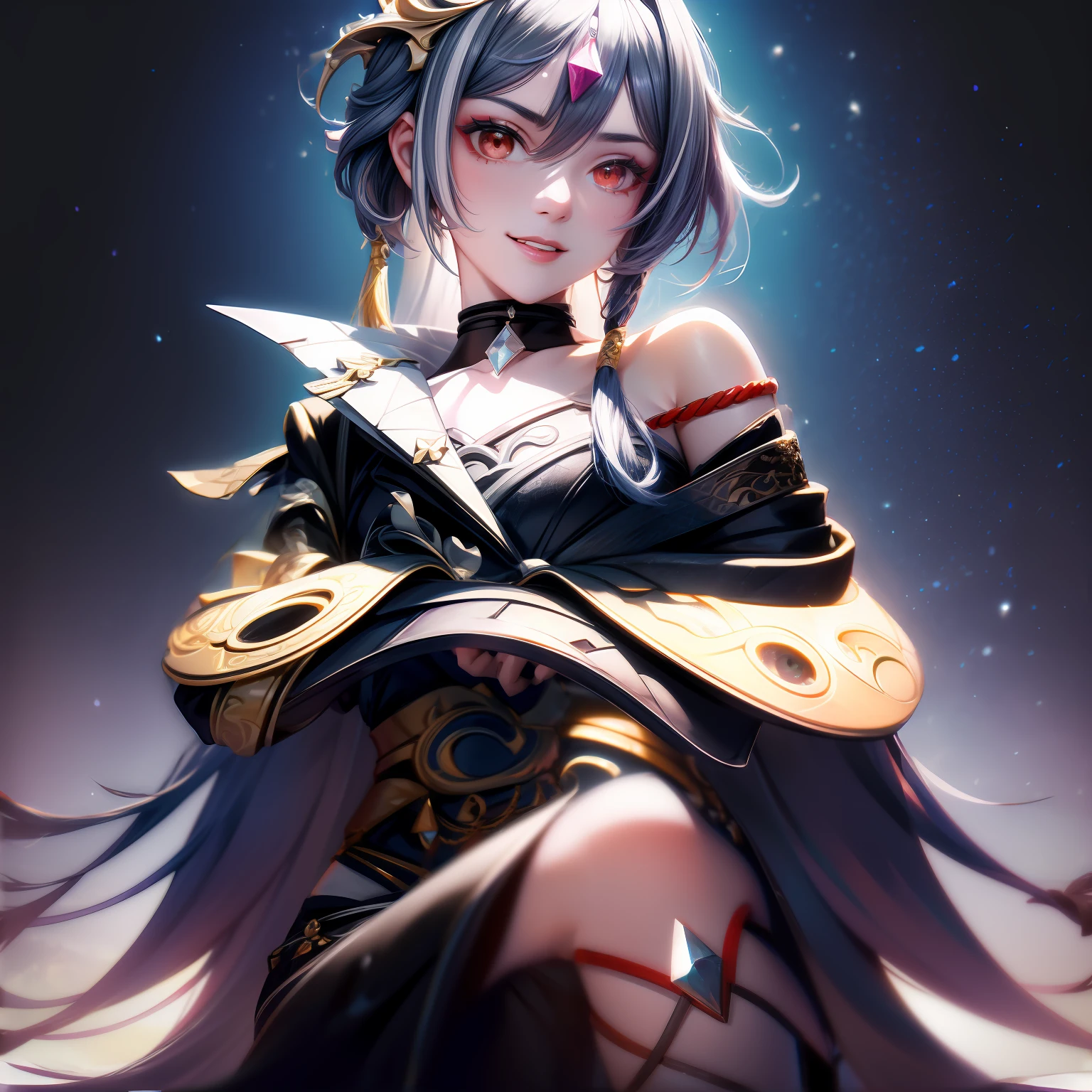 Best quality, Masterpiece, Ultra-detailed, Beautiful, A high resolution, Original,photorealestic,realisticlying, absurderes, Felt, 1girll, Solo, Long_Hair, Looking_at_peeping at the viewer, Smile,A bit obsessive-compulsive, bangs, Nero_Hair, Hair_decorations, Red_Eyes, Hair_between_Eyes, Chinese_clothes, uneven_Sleeves, :D, Simple background, White background, mitts, asymmetrical_Sleeves, Fingerless gloves, High quality, full body detailing, Golden ratio, RAW photo (Short straight black hair) (pale 20-year-old woman, short,head straight-looking at viewer, full bodyesbian, Perfect face, Amazing eyes, Vivid details, (skin with many details), (Dark), aurora, (Backlight: 0.5), Depth of field, Canon 5D, 50mm lens, f/4 aperture, (Super detail), Sharp focus, pastelcolor, 8K, consciousness, 8mm film food, War photography