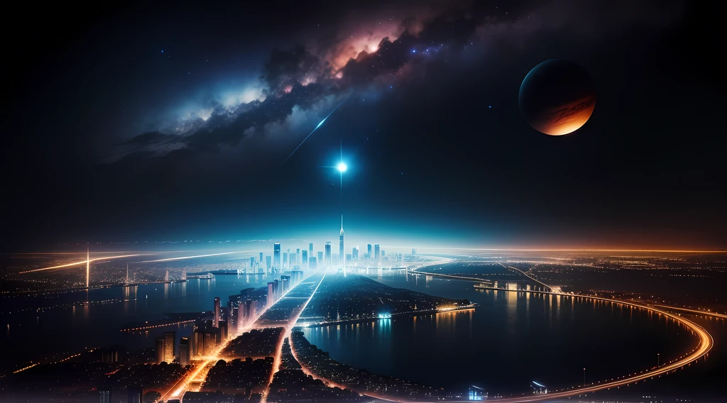 Beautiful night sky，The city at night，full of lights，The vast starry sky，Buildings，There are huge planets in the night sky