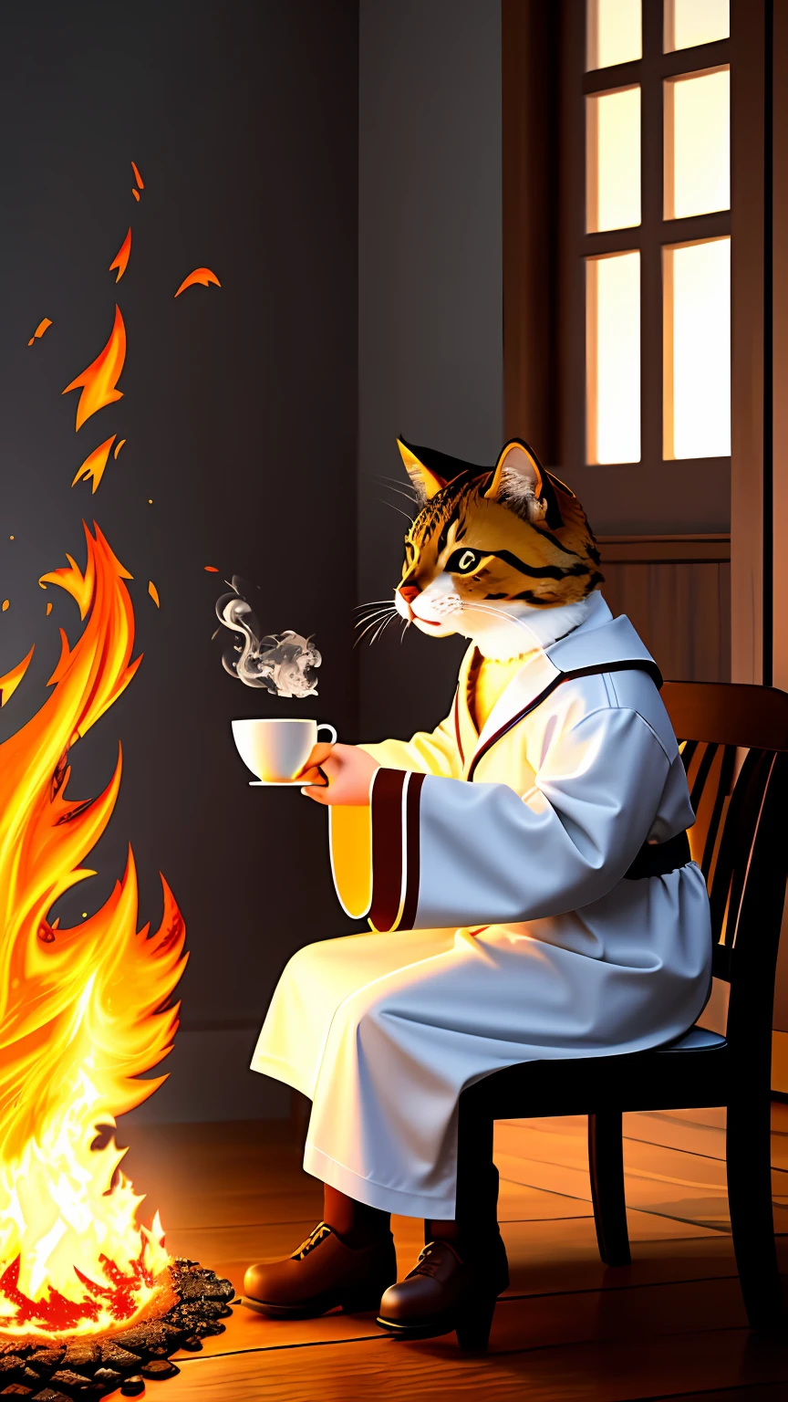 (Best quality: 1.23), (Masterpiece: 1.12), (Realistic: 1.24), (Anthropomorphic cat: 1.5) holding a coffee cup, sitting, wearing a robe, eating breakfast, holding a coffee cup, hat, particles, volumetric light, the room burned, the floor and chairs caught fire, many gadgets and equipment caught fire, smoke, (surrounding flames: 1.2),