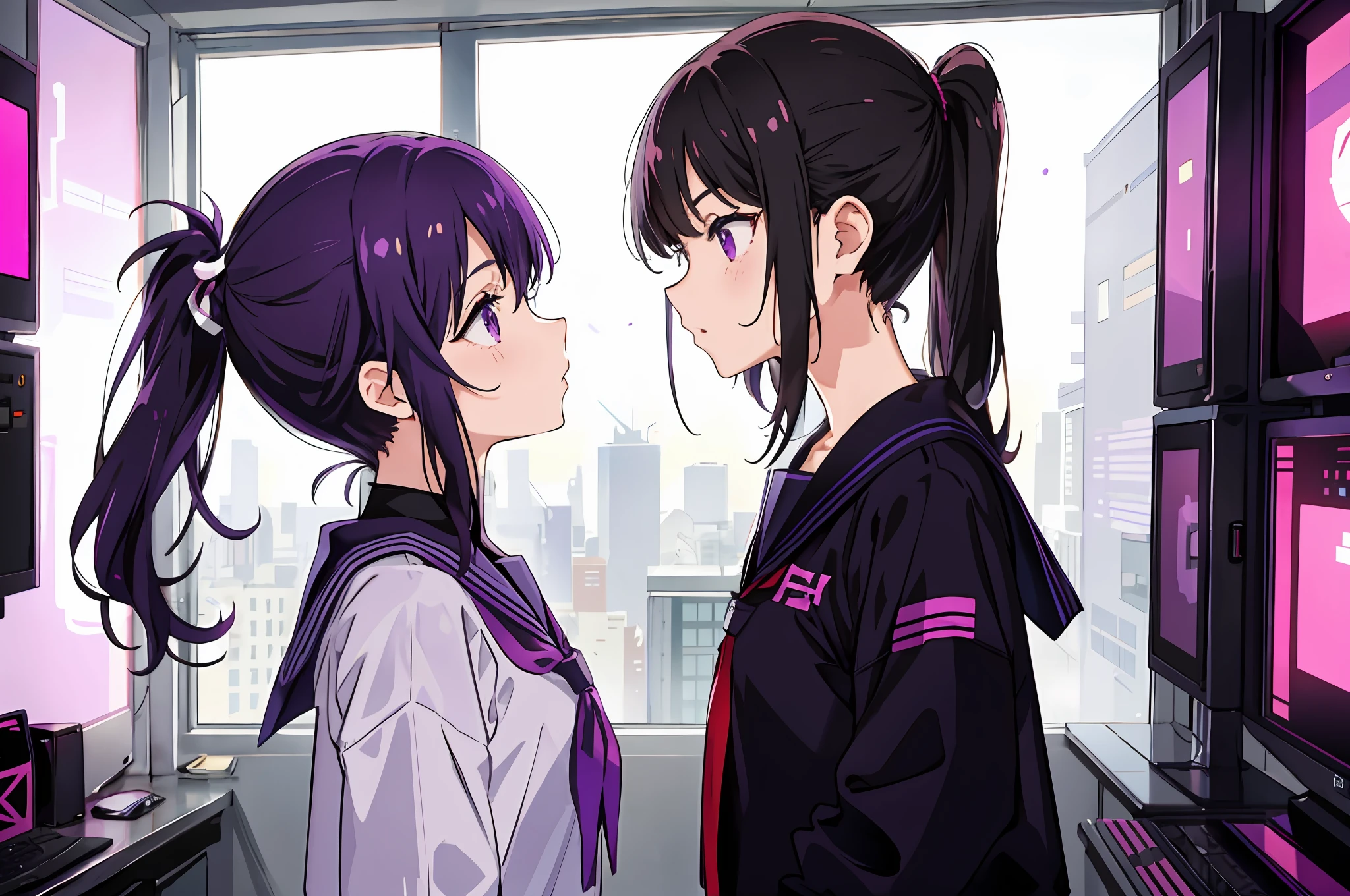 2girl, one is a girl with black hair in a ponytail and a sailor suit with purple eyes, the other is a short girl with black hair in a side ponytail and purple eyes in a sailor suit, (two girls are looking at each other, eye contact, face-to-face, anguish), purple cyberpunk landscape, room with many monitor, room with big windows, purple fluorescent light