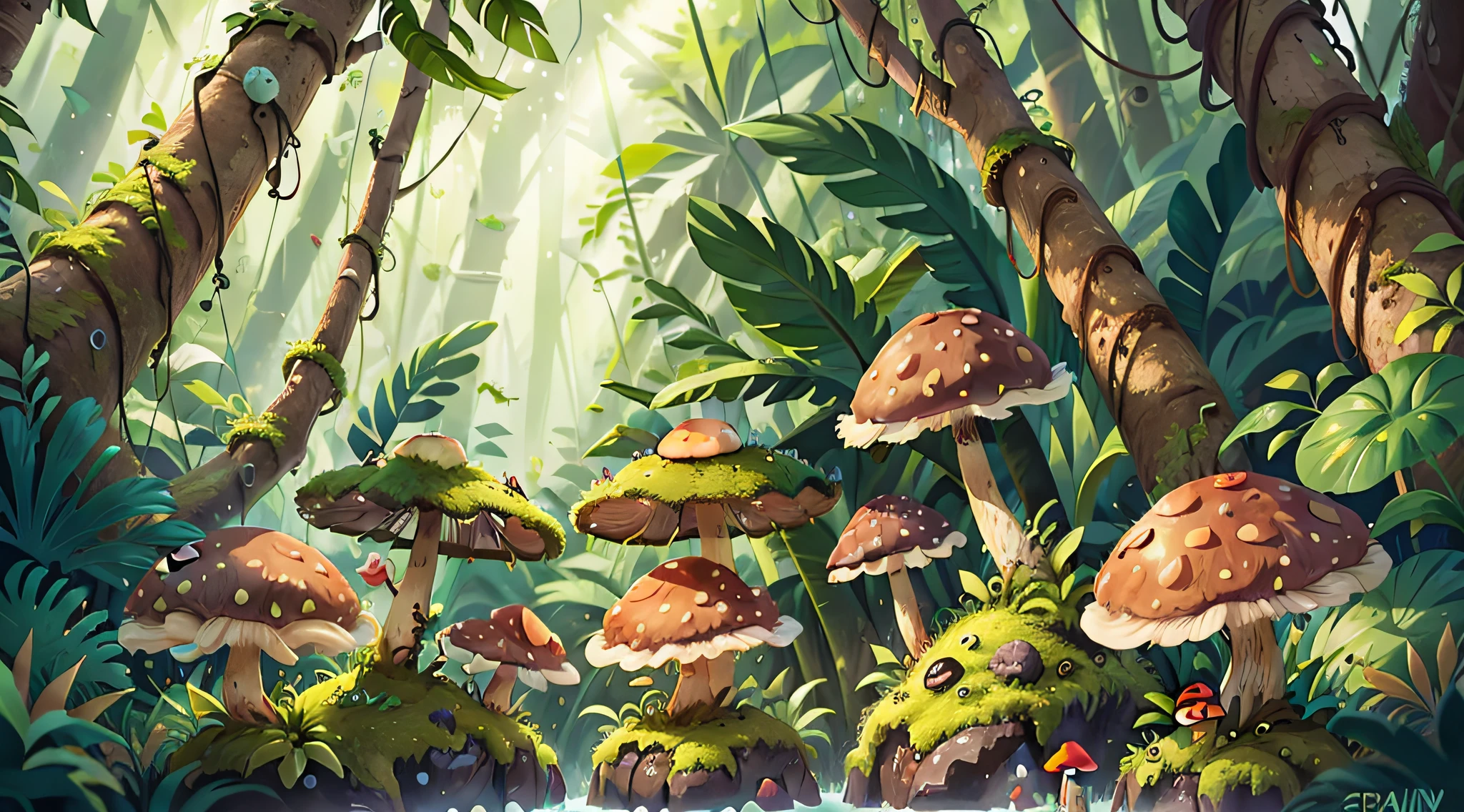 Rainforest background mushrooms