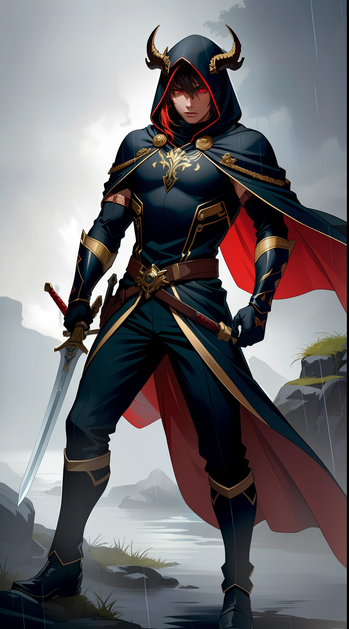 photorealistic, (hyperrealistic:1.2), beautiful, masterpiece, best quality, extremely detailed face, perfect lighting, full body,  WarriorStyle-1000,    weapon, sword, holding, holding weapon, holding sword, horns, rain, skull, solo, glowing, red eyes, 1boy, cloak, glowing eyes, standing, male focus, gloves, hood, boots, hood up, 1other, full body, mask, Dynamic pose