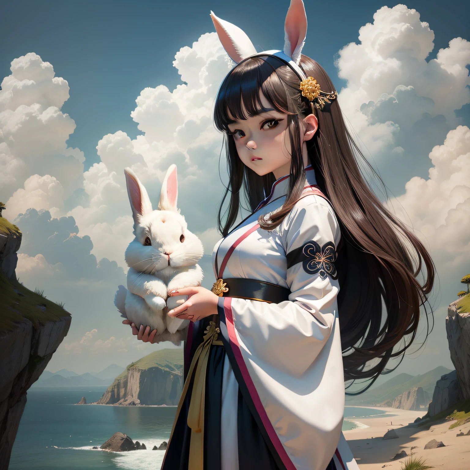 Anime girl with long hair holding a white rabbit on a cliff, Guviz-style artwork, Artgerm and Atey Ghailan, WLOP and Sakimichan, Ruan Jia and Artgerm, Guviz, Guweiz on ArtStation Pixiv, Guweiz in Pixiv ArtStation
