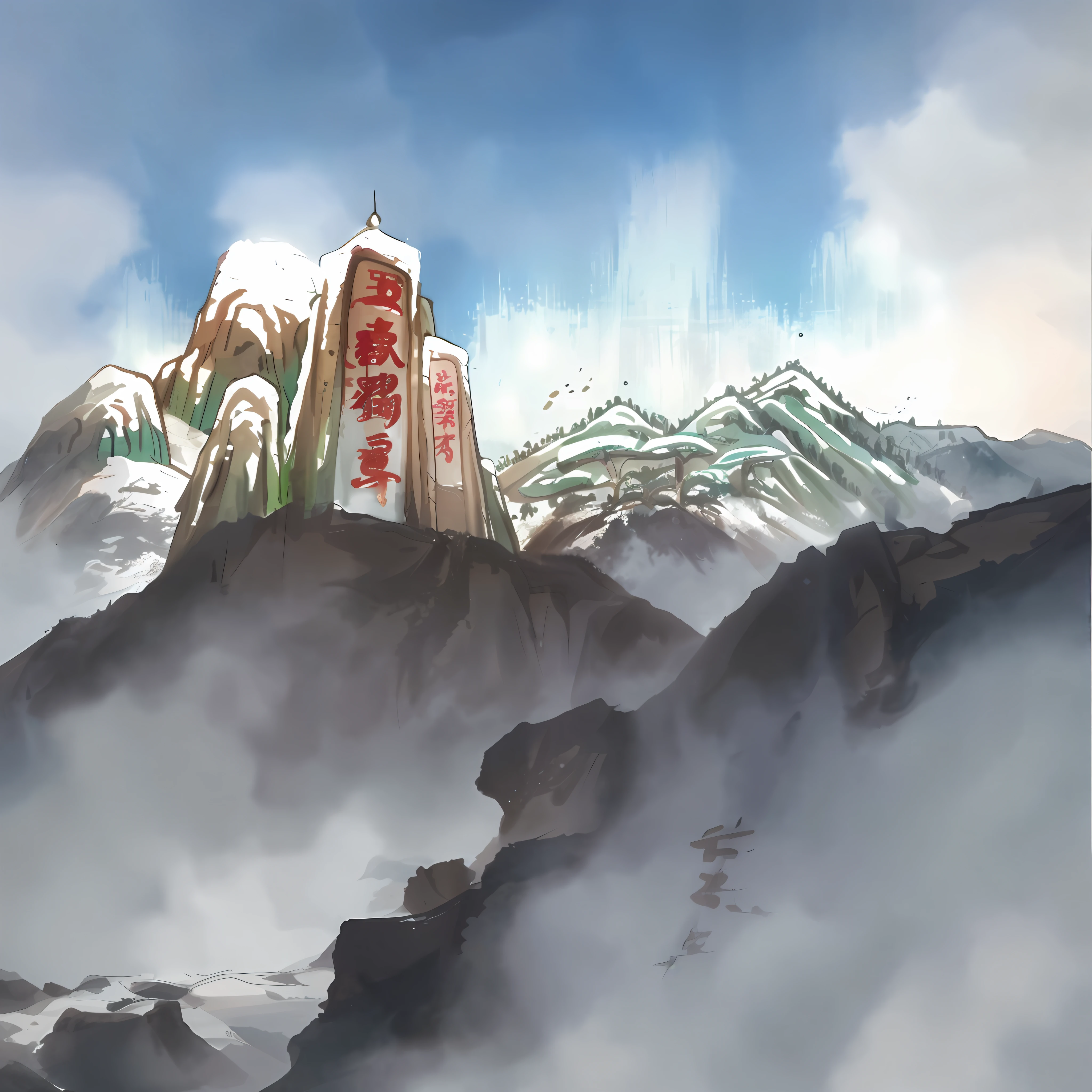 Mountains covered in snow and clouds,It says Chinese, Chinese watercolor style, Inspired by Cao Zhibai, large view, inspired by Dong Yuan, inspired by Josetsu, qi baishi style,The mountains stretch endlessly。