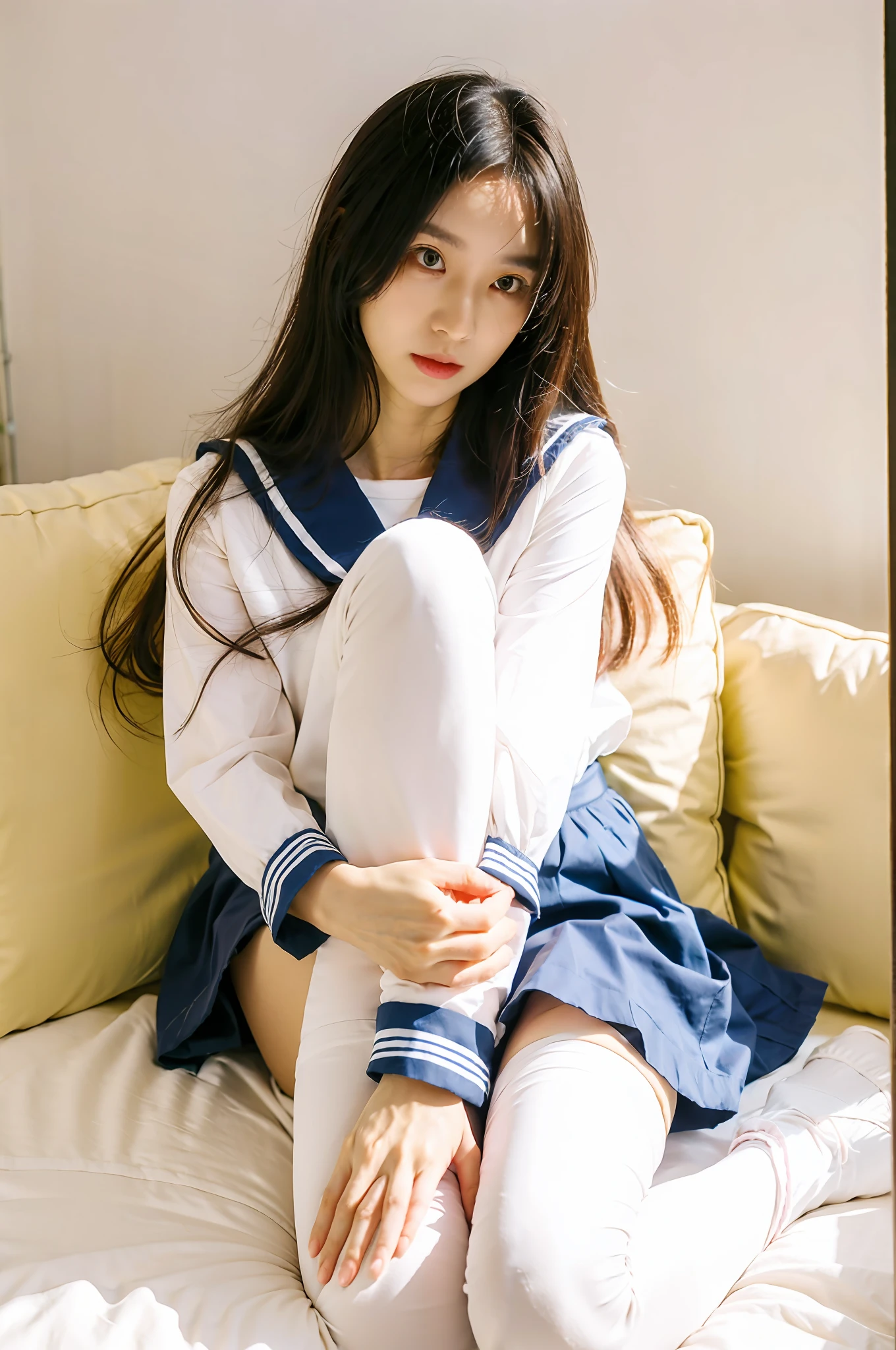 Correct eye structure, finely quality eyes, Pupil correction, Exactly the best quality,tmasterpiece,超高分辨率,(realisticlying:1.4),teens girl,Juvenile, White over-the-knee stockings,Pink JK set, Sailor collar