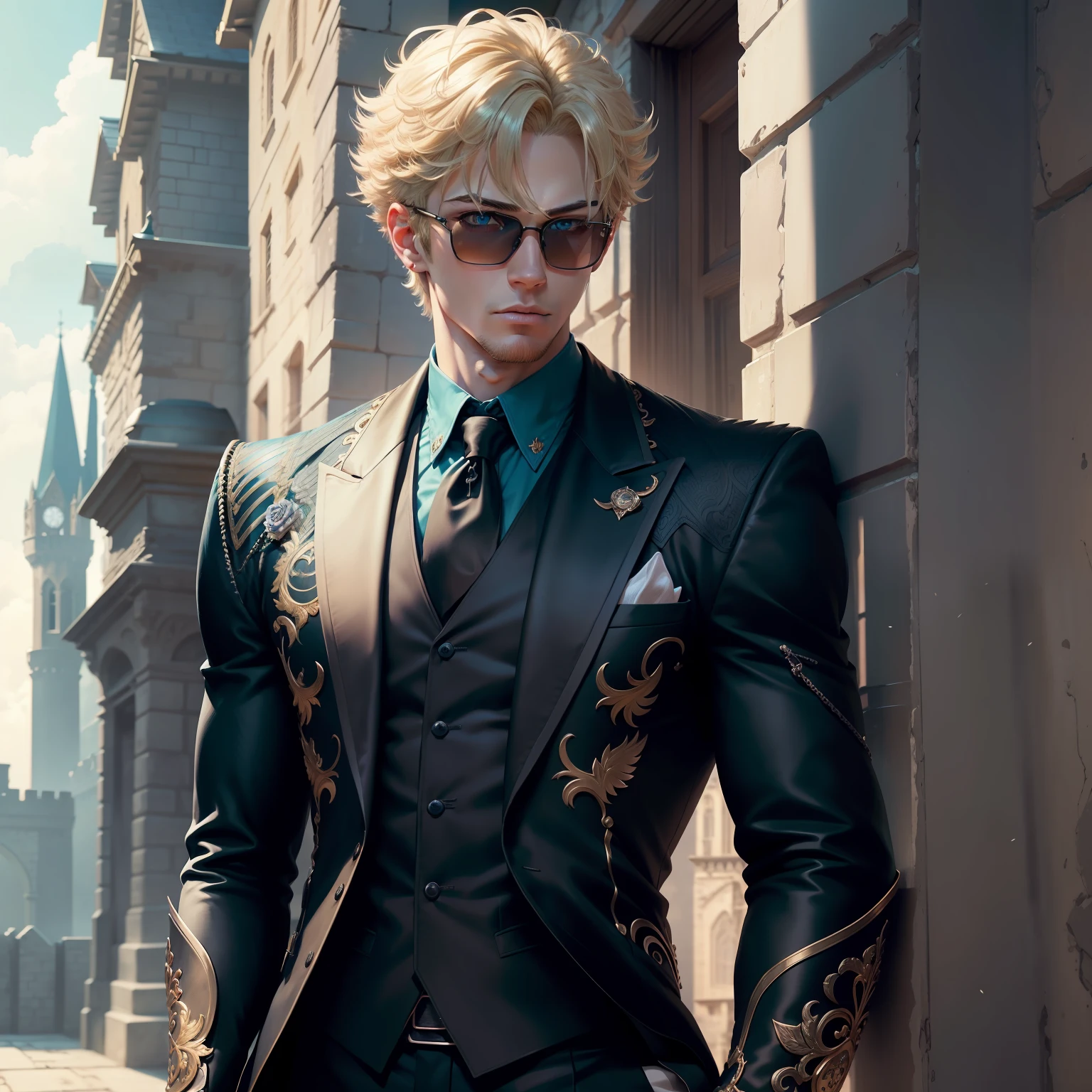 1boy, (Man), manly body, Anime, Extremely detailed, ultra - detailed, (Broad shoulders), (Perfect face), illustration, Soft lighting, 2D, Intricate, Cowboy shot, Detailed eyes, Blonde hair, Short hair, teal eyes, Sexy, shades, Black Tailcoat, (outside), castle towers