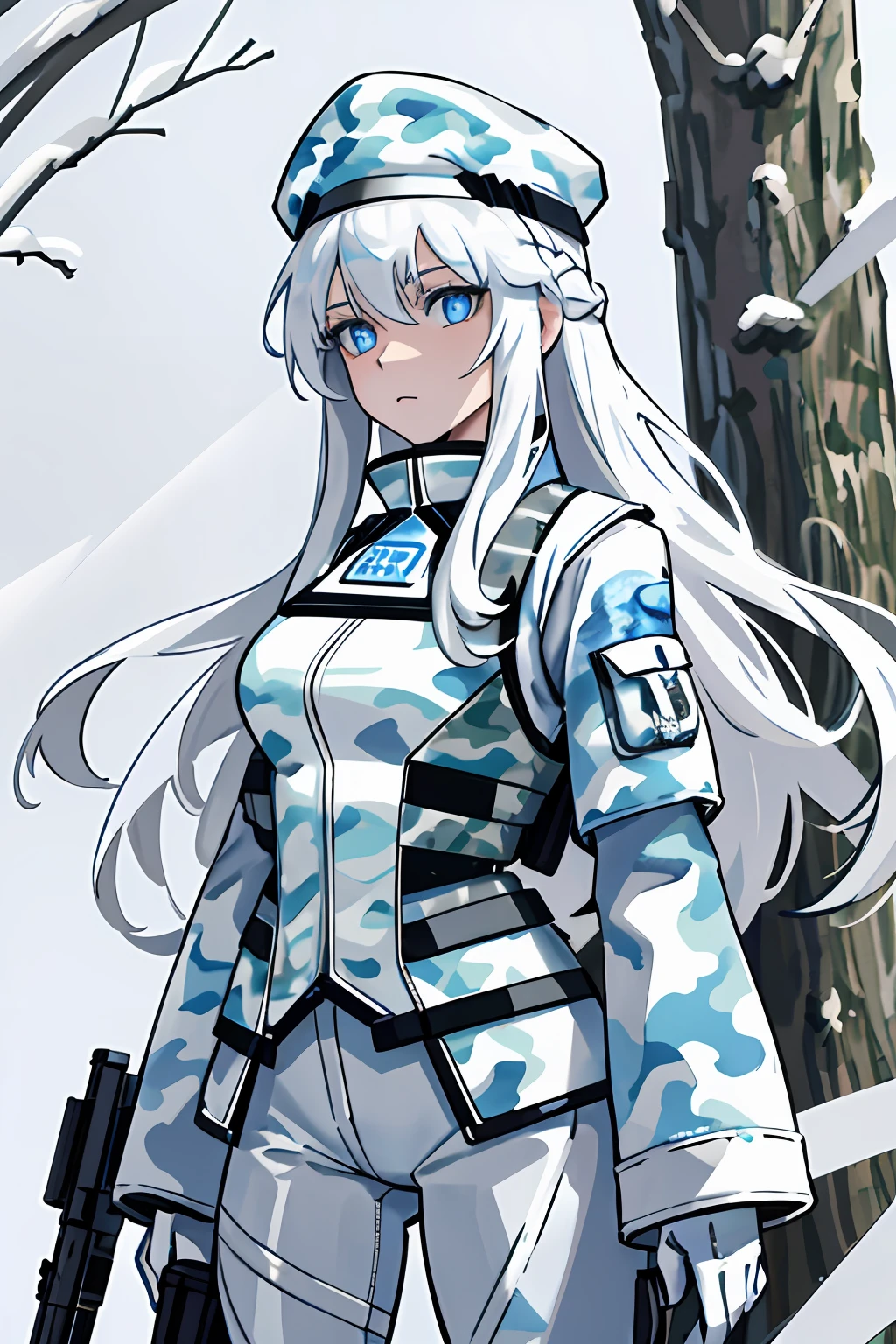 ((masterpiece, best quality)), (1girl), (solo), (female focus), white hair, long hair, Clear Skin, blue eyes, glowing eyes, ((white camouflage clothing), (grey bulletproof vest)), fluffy white winter hat, (camouflage white pants), serious, extremely detailed, cute, intricate, outdoors, white background, arms behind back, dynamic angle, Ink painting standing