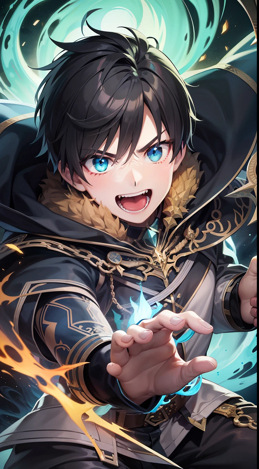 Young guy, short black hair, Cyan eyes, The Dark Wizard's Uncovered Mantle, green fire, Tatoo, Runes, combat stance, Crazy laughter, Masterpiece, hiquality