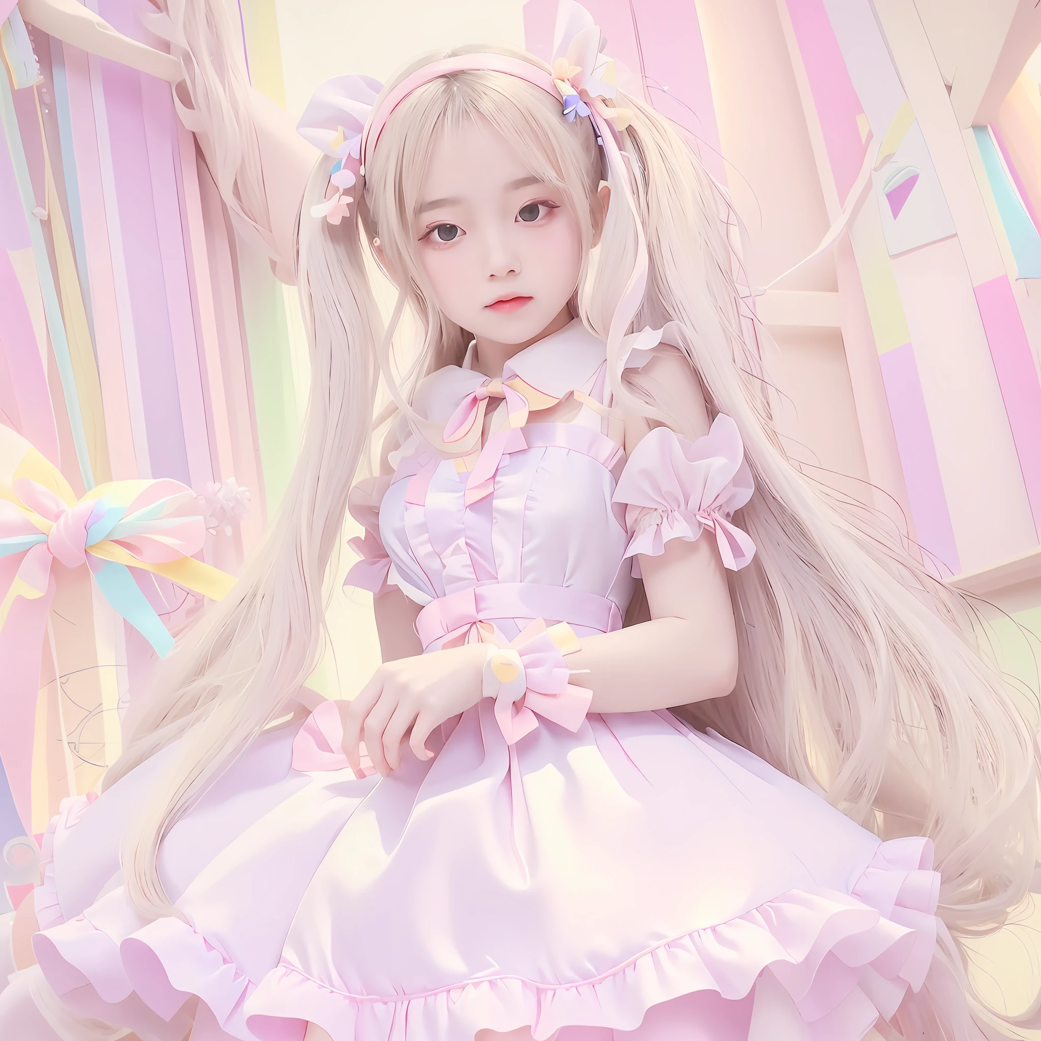 ​masterpiece, top-quality, 1girl in, 独奏, voxel art,
a white girl、
Ivory hair、Mauve eyes、Disturbance、
ridiculously long hair、low twintails、
Cake dress、Trim Dresses、
bow ribbon、Plant Hair Ornament、pearls、arms  cuffs、
Classic, medieval times, noble, (Colorful pastel dresses:1.5),