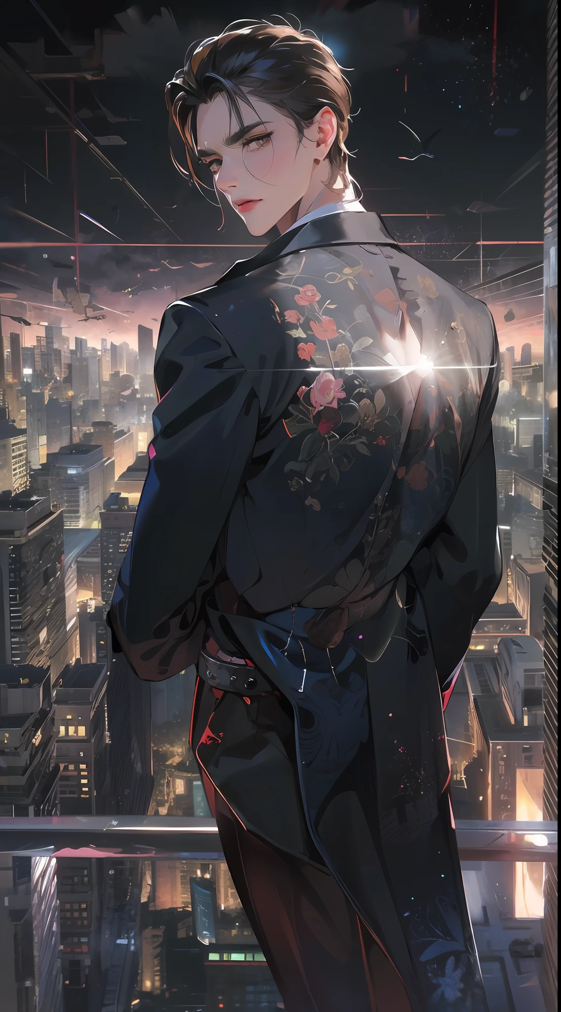 (absurdres, highres, ultra detailed, realistic, ), 1 male, solo, adult, mature, tall muscular guy, broad shoulders, handsome, very short hair, black hair, brown eyes, angular jaw, thick neck, thick eyebrows, night, dark, the night view of the city background, formal suit, necktie, upper body
