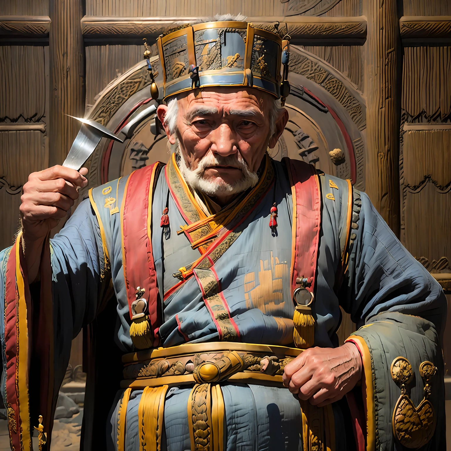 (An old man in Han clothes:1.4)(A look of surprise appeared on his face:1.5)(Long hair:1.4)(Knife in hand:1.4)(In a poorly decorated house:1.6)(Upper body display:1.4)