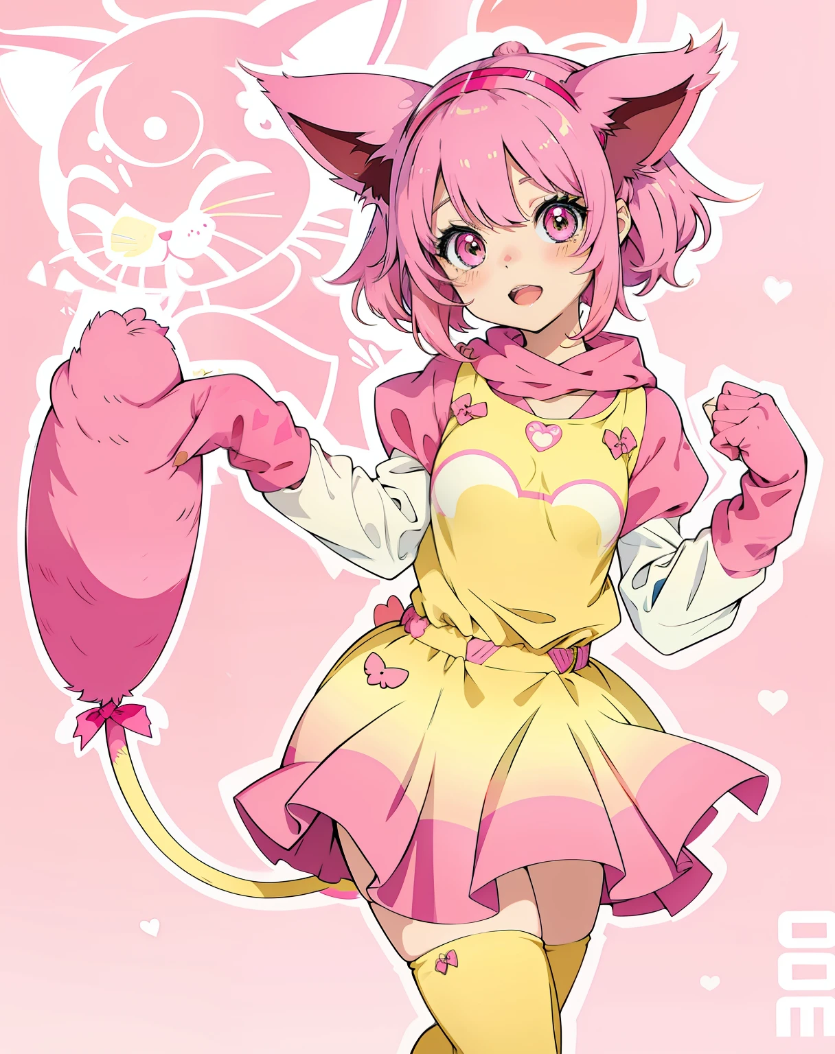 Anime girls wearing pink clothes，Pink cat tail， cute anime catgirl, 3D cute catwoman, Very beautiful anime cat girl,  Cat girl, adolable, Attractive cat girl, Pink girl, Pink and yellow, Cute!