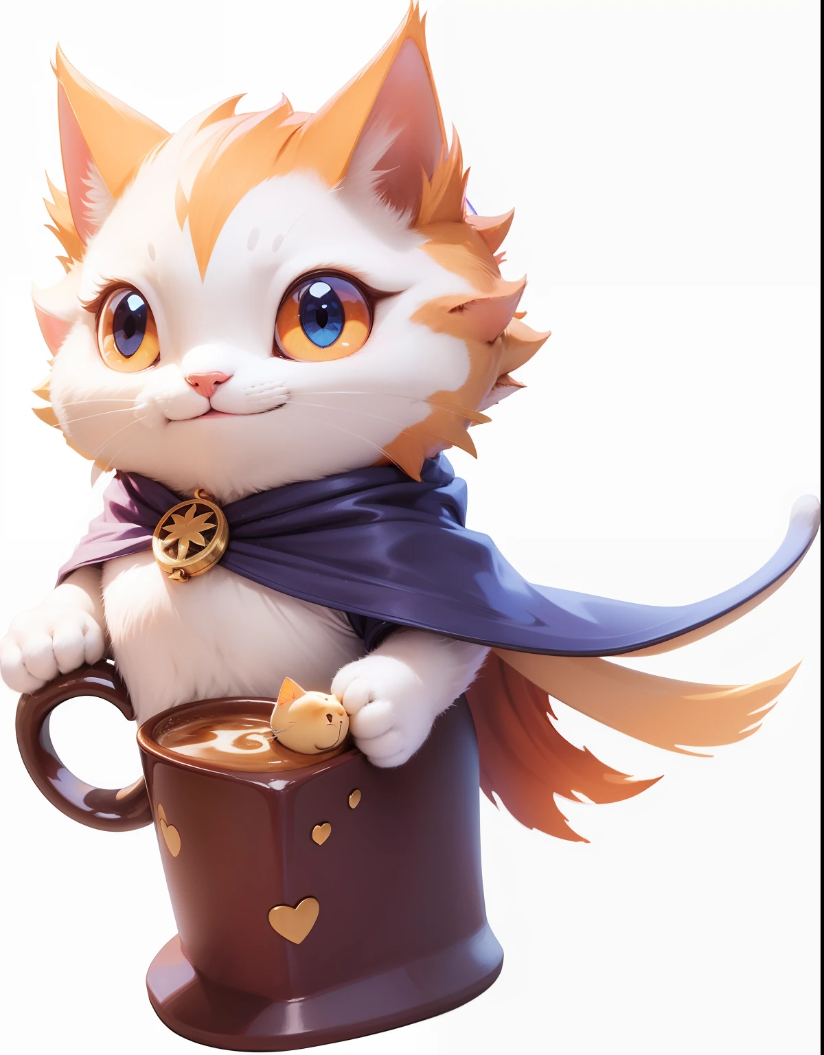 A smiling animated cat,Holding a large coffee cup,Cloaked magic,Figure blind box