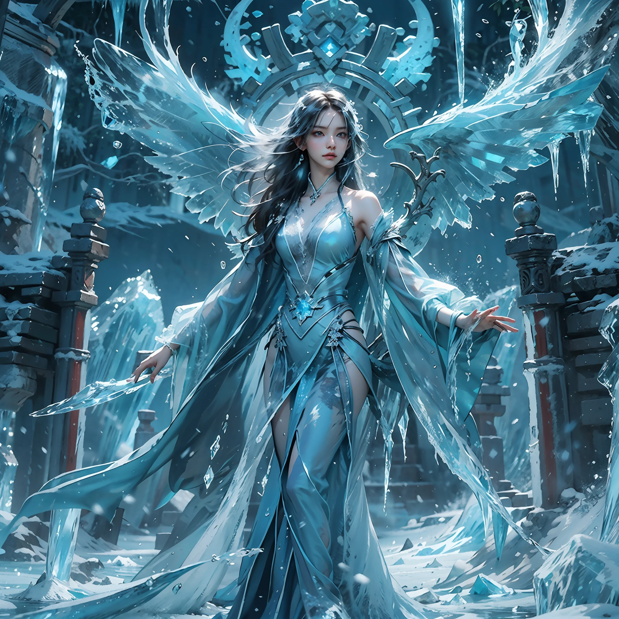 (((1girll)))，Imperial water，A magician，（Loose dress：1.5），（Perfect facial features：1.4），（Blue silk robe），（Mysterious magic formations：1.2），Blue glow，（Frost wings），(((Powerful ice magic)))，(((Icicles)))，Towering over the landscape，Blue light cold light，(((Ice storms)))，Wind，((Flying snow ice and snow))，Amazing results，,best qualityer,tmasterpiece,超高分辨率,finely detailled,Complicated details,8K分辨率,8KUCG wallpaper,hdr,water blue,Magic Array,Cinematic lighting effects,lightand shade contrast，Ray traching、NVIDIA RTX