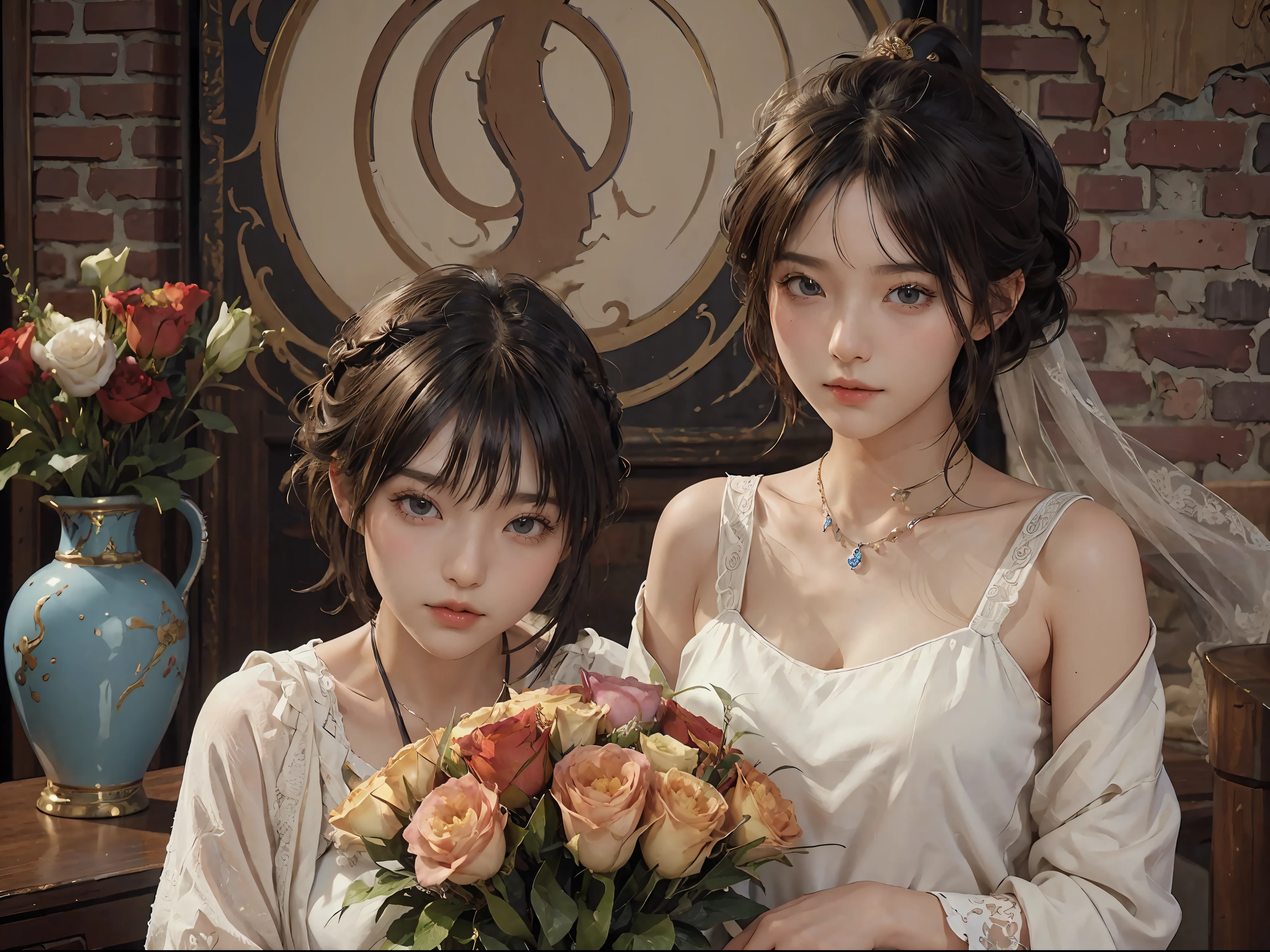 (RAW Photography、top-quality)、(realisitic、Photorealsitic:1.3)、top-quality、high-detail、​masterpiece、ultra-detailliert、illustratio、1girl、((very_short_hair))、dynamic ungle、world masterpiece theater、((Regular_hairstyle))、top-quality、the Extremely Detailed CG Unity 8K Wallpapers、inky、magnifica、电影灯光、lens_flare、dunhuang_style、Beautiful brick wall、vases、Hotels in London