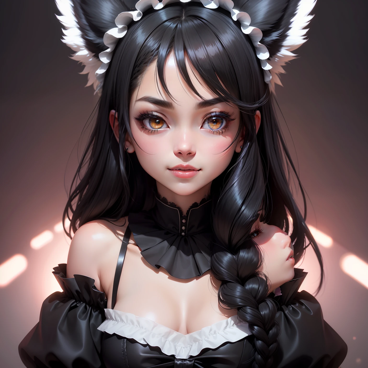 black hair, hair bobbles, longeyelashes, solid circle eyes, fake animal ears, light smile, ear blush, maid headdress, blush, shy, drooling, saliva trail, yandere, Surrealism, drop shadow, anaglyph, stereogram, tachi-e, pov, atmospheric perspective, close-up, 8k, super detail, ccurate, best quality, UHD, best quality, 16k, 8k, 4K, HD, 1080P, highres, best quality, high quality, super detail, textured skin