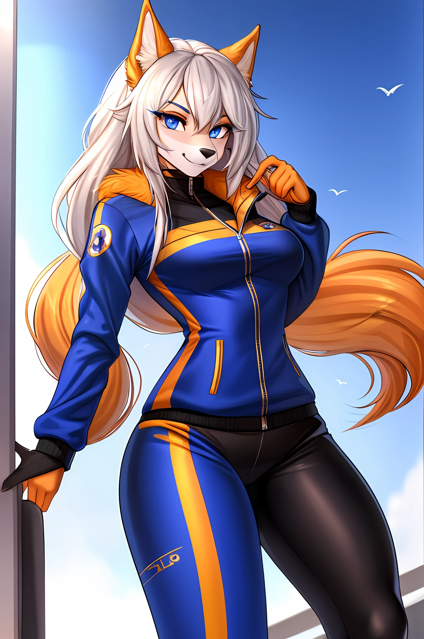 （tmasterpiece，best qualtiy），Altair， hairy pubic， hairy female， 1girll， Golden eyes， reptil， Doggy， sketching， Detailed fur skin， blue surcoat， Sharp focus， fluffly， urban backdrop， ， track suit， Two-tone fur， Your body soloes， Orange tail， Golden fur，  8K， （， ， hairy pubic：1.3）， hairy pubic， hairy female， 1girll， eBlue eyes， Animal_hor ears， eletric， with light glowing， Hair_polypubic hair_One_eye， Looking_at_peeping at the viewer， Golden fur，White hair