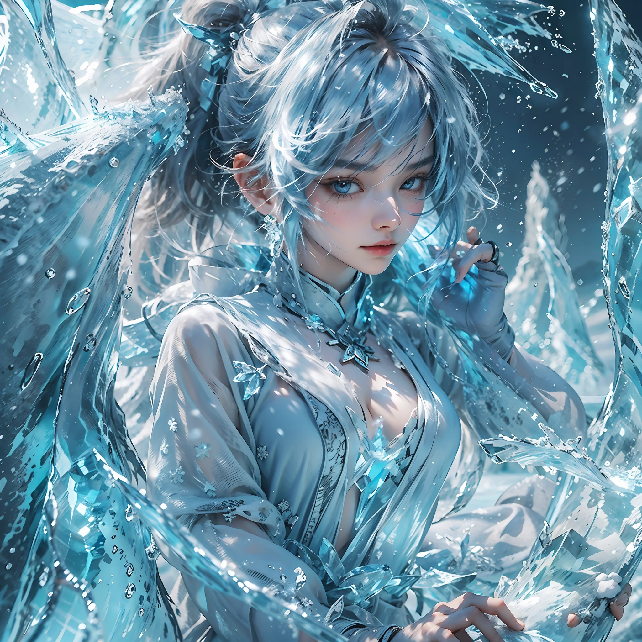 (((1girll)))，Imperial water，A magician，（Loose dress：1.5），（Perfect facial features：1.4），（Blue silk robe），（Mysterious magic formations：1.2），Blue glow，（Frost wings），(((Powerful ice magic)))，(((Icicles)))，Towering over the landscape，Blue light cold light，(((Ice storms)))，Wind，((Flying snow ice and snow))，Amazing results，,best qualityer,tmasterpiece,超高分辨率,finely detailled,Complicated details,8K分辨率,8KUCG wallpaper,hdr,water blue,Magic Array,Cinematic lighting effects,lightand shade contrast，Ray traching、NVIDIA RTX