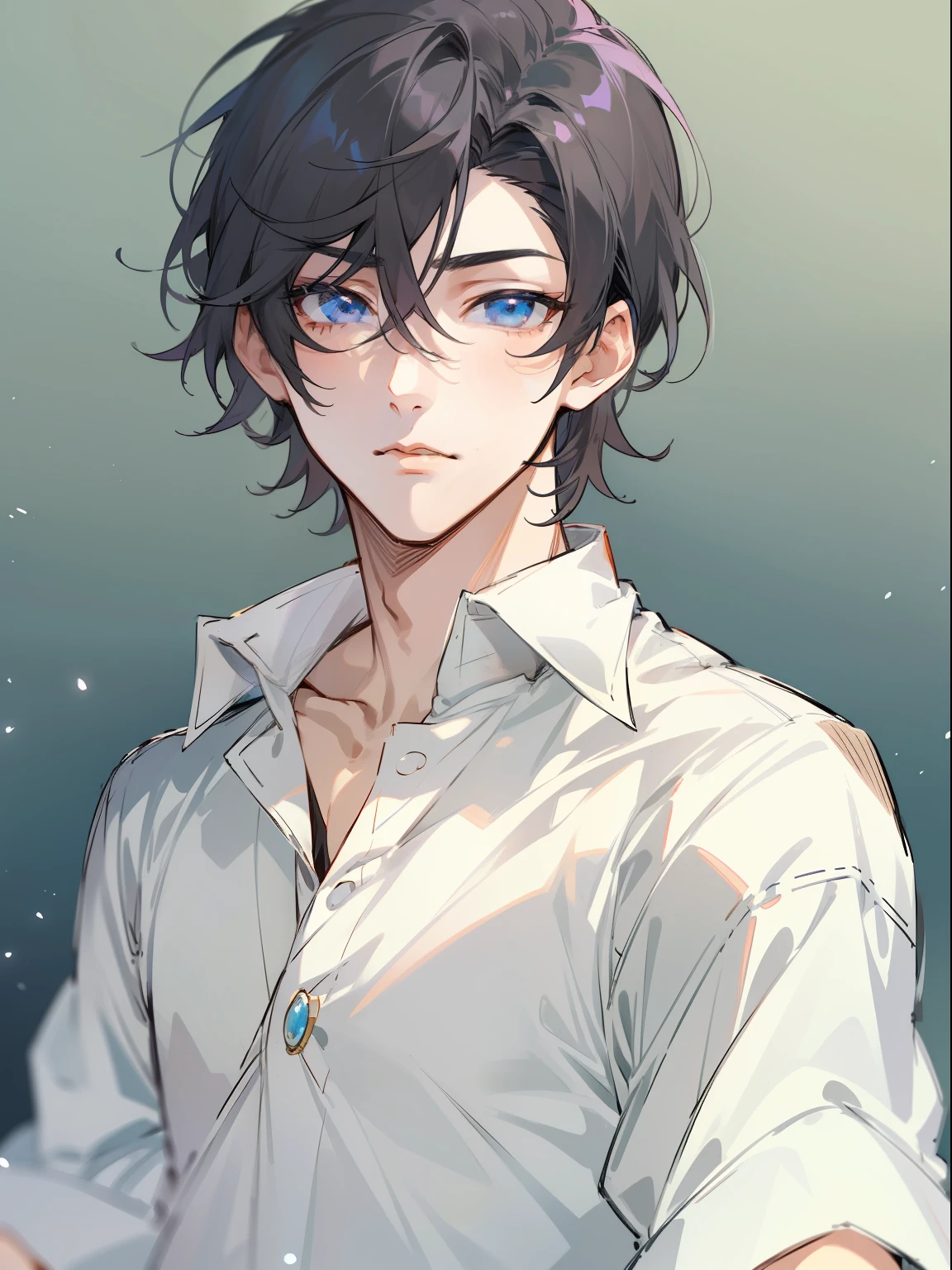 Ultra Detail,Haig Quality,sketch,1boy,matured male,Beautiful face,(Black center parting hair:1.3),Handsome men,Pearl skin,White short sleeved shirt,drooping eyes,japanese high school,Dynamic Angle,Japan Anime,