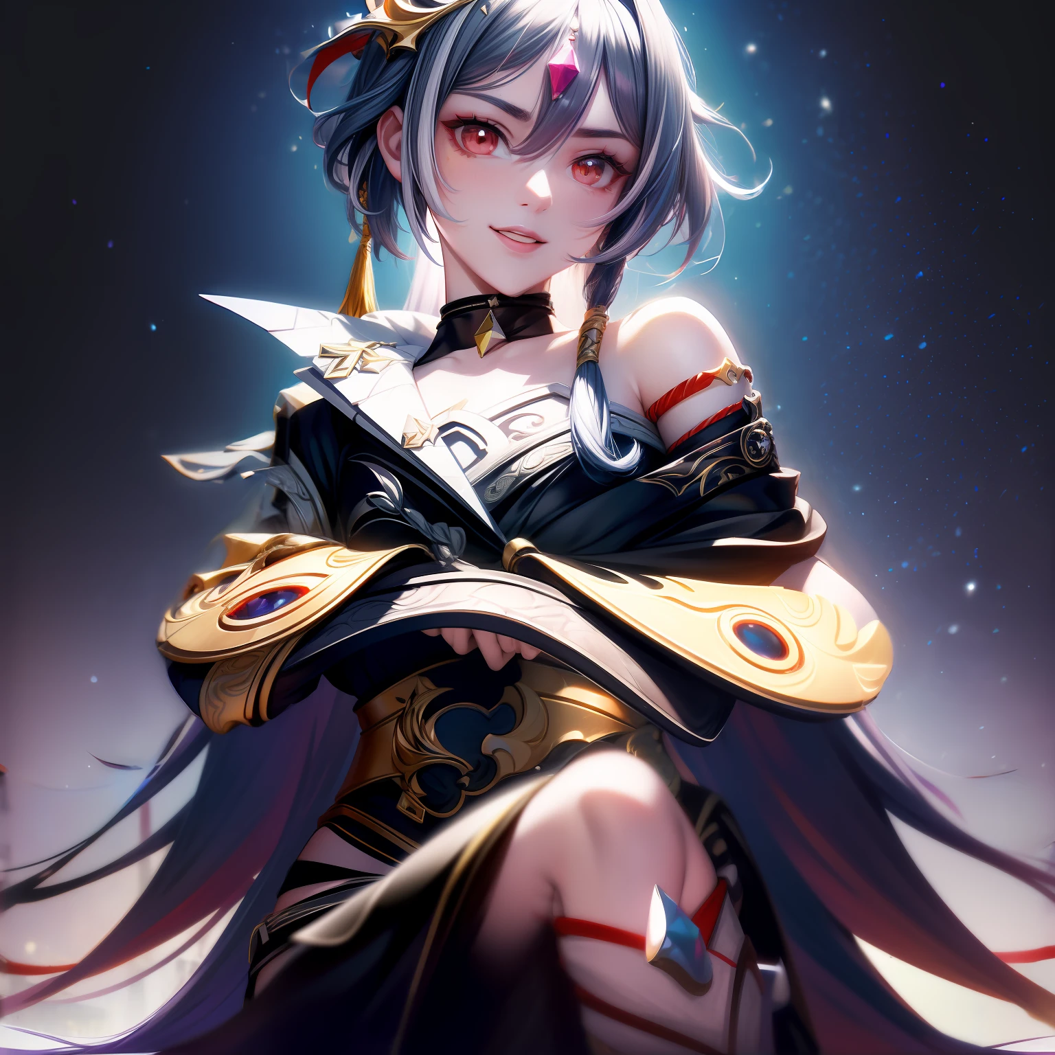 Best quality, Masterpiece, Ultra-detailed, Beautiful, A high resolution, Original,photorealestic，realisticlying， absurderes, Felt, 1girll, Solo, Long_Hair, Looking_at_peeping at the viewer, Smile,A bit obsessive-compulsive， bangs, Nero_Hair, Hair_decorations, Red_Eyes, Hair_between_Eyes, Chinese_clothes, uneven_Sleeves, :D, Simple background, White background, mitts, asymmetrical_Sleeves, Fingerless gloves, High quality, full body detailing, Golden ratio, RAW photo (Short straight black hair) (pale 20-year-old woman,  short,head straight-looking at viewer, full bodyesbian, Perfect face, Amazing eyes, Vivid details, (skin with many details), (Dark),  aurora, (Backlight: 0.5), Depth of field, Canon 5D, 50mm lens, f/4 aperture, (Super detail), Sharp focus, pastelcolor, 8K, consciousness, 8mm film food,  War photography