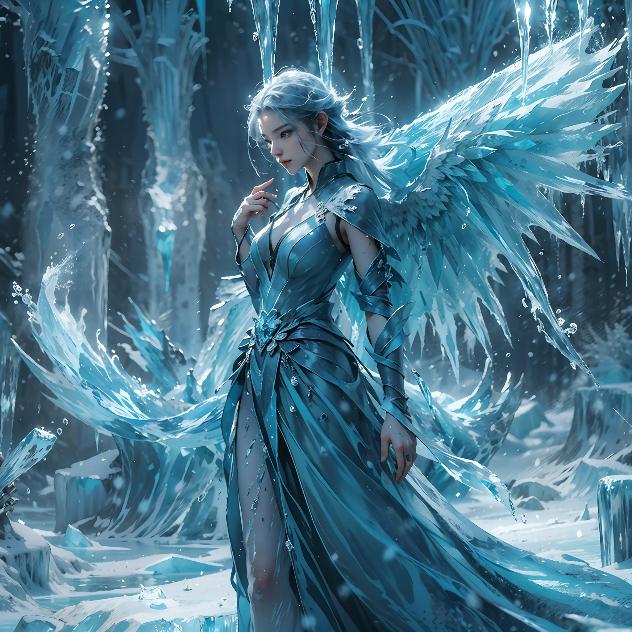 (((1girll)))，Imperial water，A magician，（Loose dress：1.5），（Perfect facial features：1.4），（Blue silk robe），（Mysterious magic formations：1.2），Blue glow，（Frost wings），(((Powerful ice magic)))，(((Icicles)))，Towering over the landscape，Blue light cold light，(((Ice storms)))，Wind，((Flying snow ice and snow))，Amazing results，,best qualityer,tmasterpiece,超高分辨率,finely detailled,Complicated details,8K分辨率,8KUCG wallpaper,hdr,water blue,Magic Array,Cinematic lighting effects,lightand shade contrast，Ray traching、NVIDIA RTX