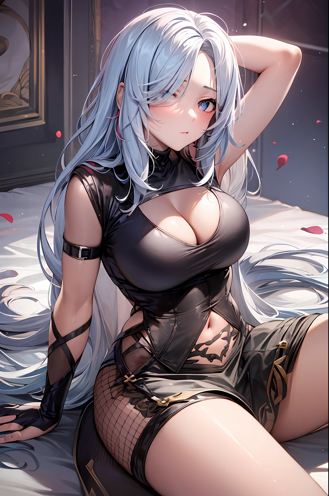 1shenhe, silver hair, large breasts, underwear, in, cleavage, navel, t-shirts, (brachial), skirt, lie, Body, sexy, sitting