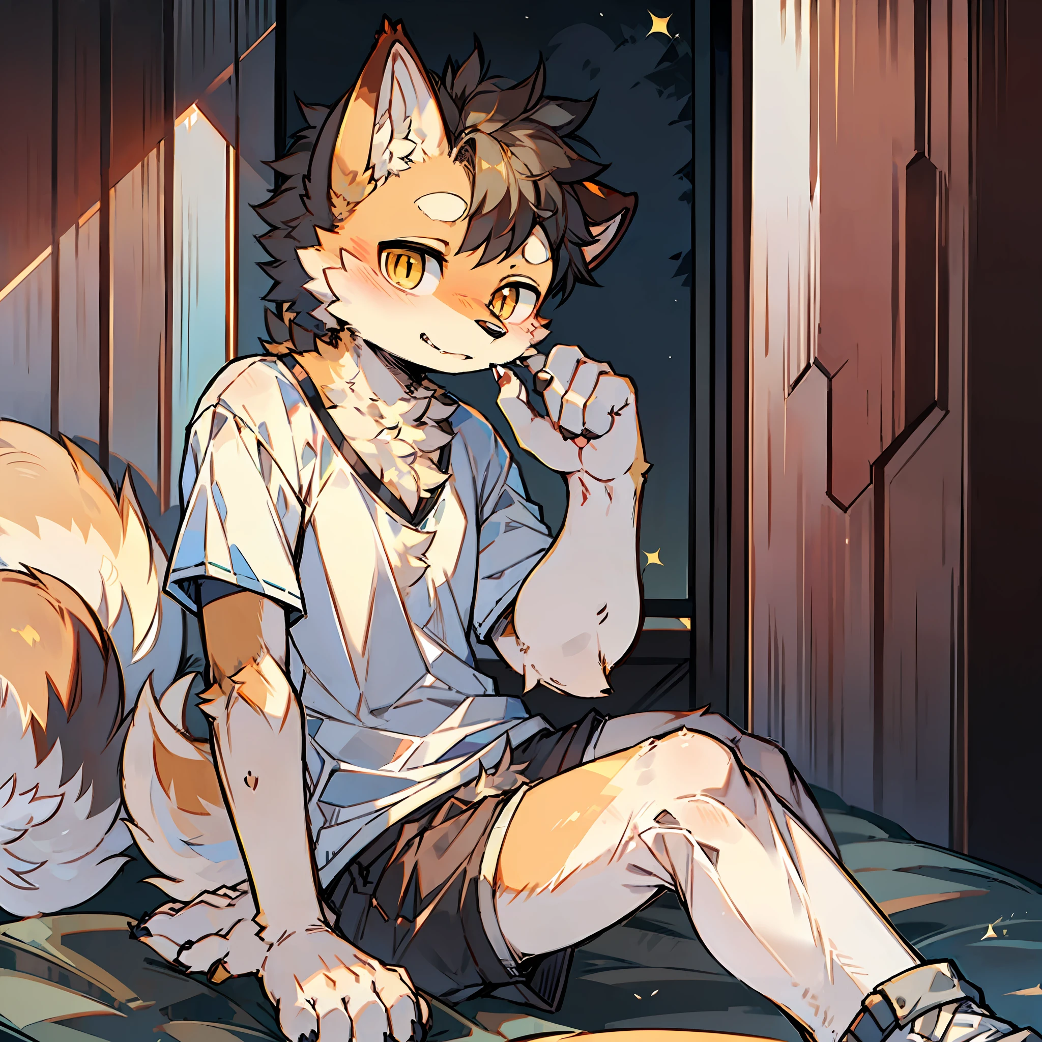 Single,shaggy male,Furry,Dogs,Shiba dog,white short sleeve,grey shorts,white legwear,Golden pupils ,light brown fur,Furry tail