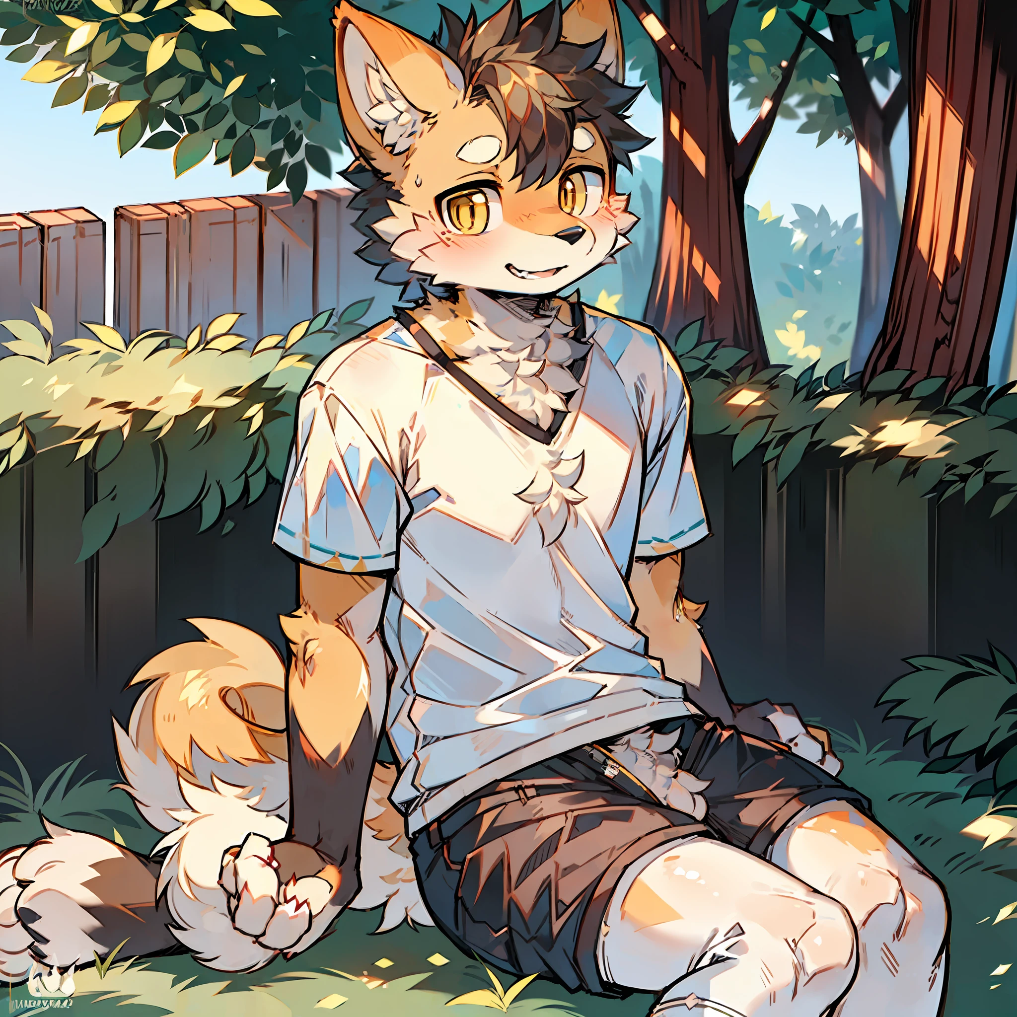 Single，shaggy male，Furry，Dogs，Shiba dog，white short sleeve，grey shorts，white legwear，Golden pupils ，light brown fur，Furry tail