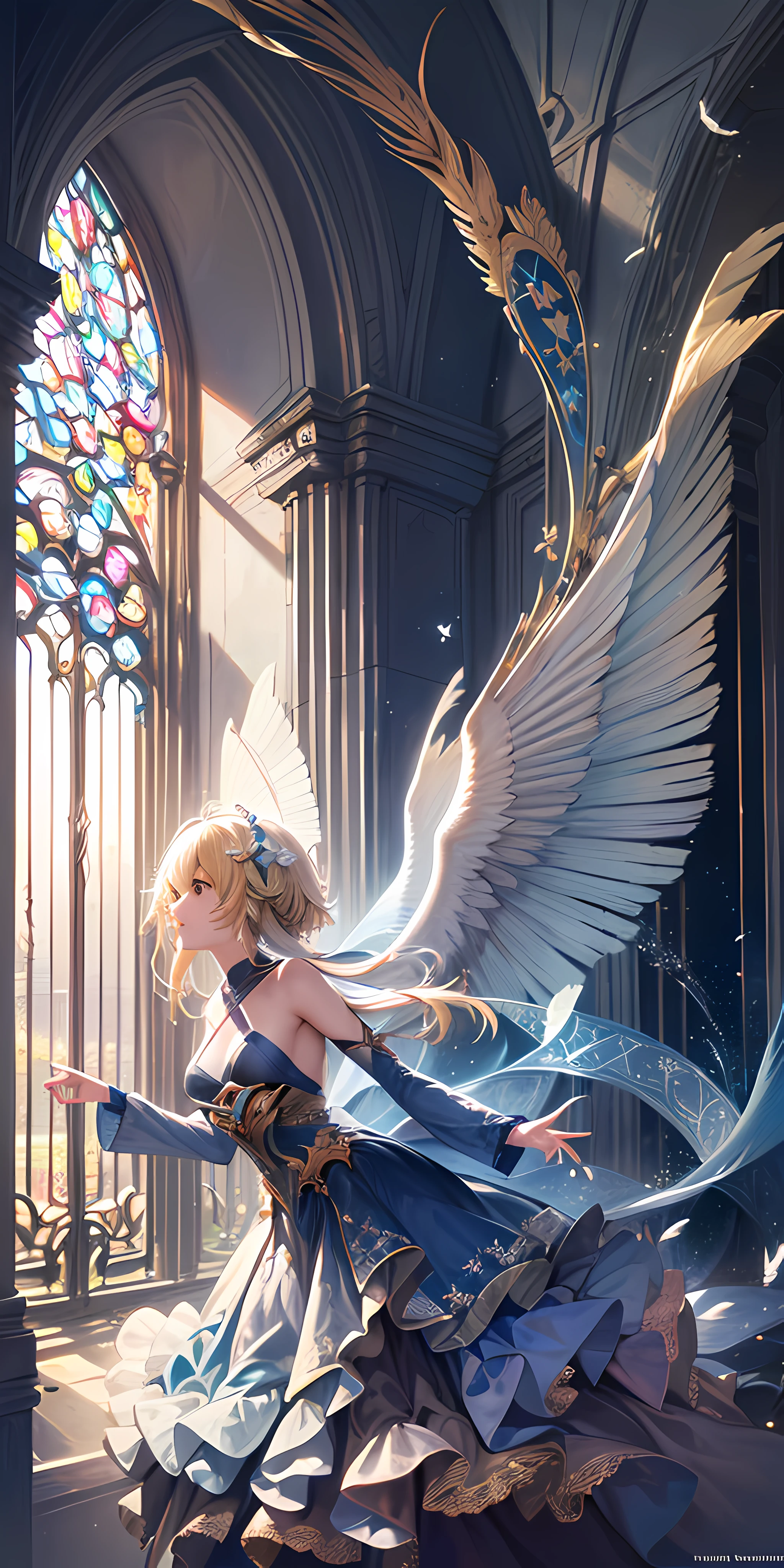 An imaginative artwork featuring a girl with two wings, evoking a sense of wonder and freedom, (Artistic fantasy:1.1), (Whimsical allure:1.3), (Graceful levitation:1.2), (Feather details:1.1), (Enchanting atmosphere:1.2), (Intricate and delicate touches:1.3), (Soft and dreamy color scheme:1.2), (Magical exploration:1.1).
