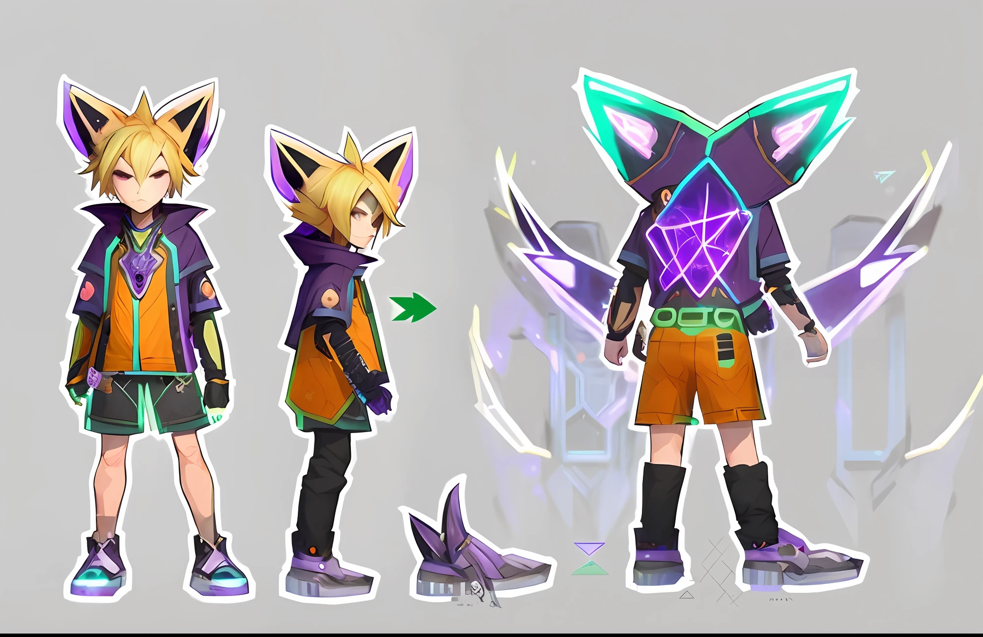 a close up of a person in a costume with a cat head, hyper concept art, neon glow concept art, style of kieran yanner, symmetry!! concept art, cyber universe style, style of duelyst, arcane art style, lunar themed attire, clear outfit design, astral witch clothes, zeronis style, style league of legends