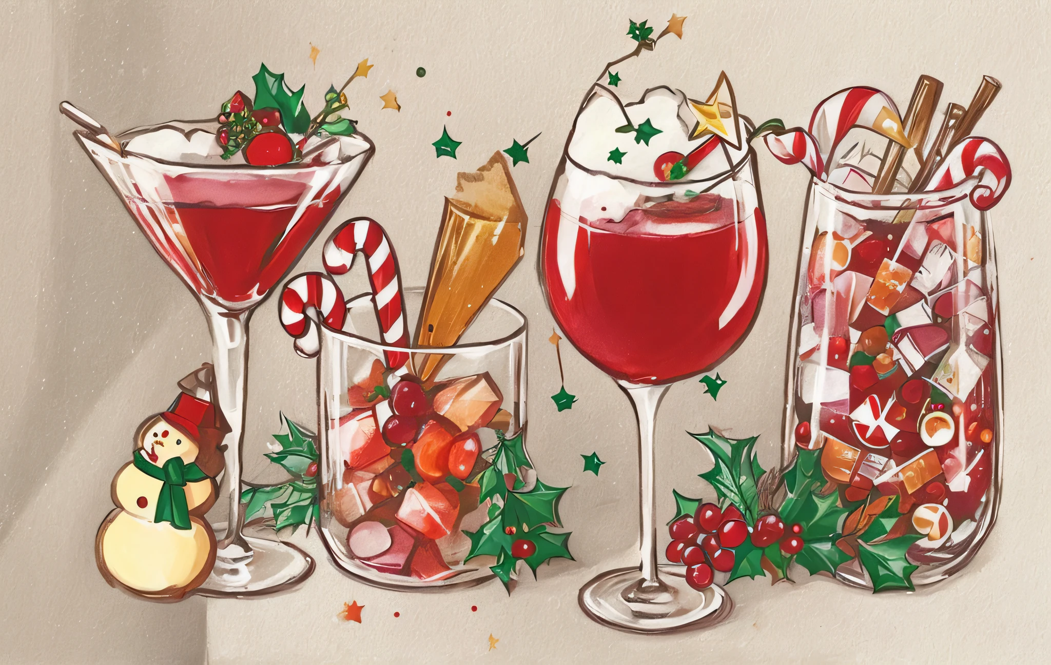 There were three glasses of wine and different types of drinks, drinks, Festive atmosphere, author：Jeka Kemp, illustration!, festivity, cold drink, sparkling spirits, 💋 💄 👠 👗, Christmas evening, mixed drink, added detail, is playing happily, cheers, warm and joyful atmosphere, Festive atmosphere, Inspired by Ndoc Martini, winter vibes