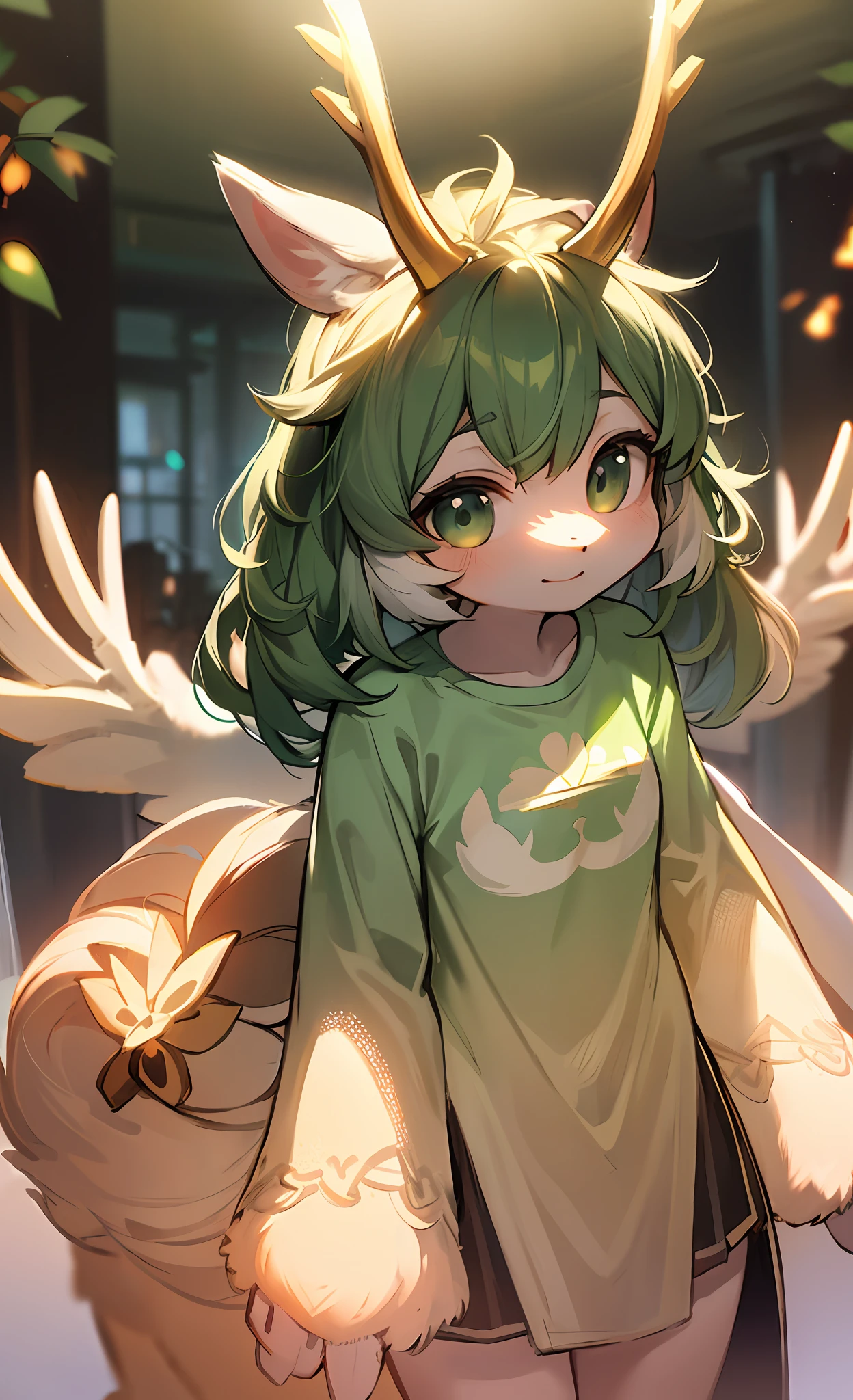 Super cute little white deer,The white fur is fluffy and cute,Green element embellishment,The face is cute and flawless,Wear a glowing T-shirt,Lights intertwine with shadows,Creates a beautiful atmosphere,Ambient lighting illuminates the surroundings,The fur details are extremely exquisite,The volumetric light effect is full of sense,The image of the deer is becoming more and more lively。