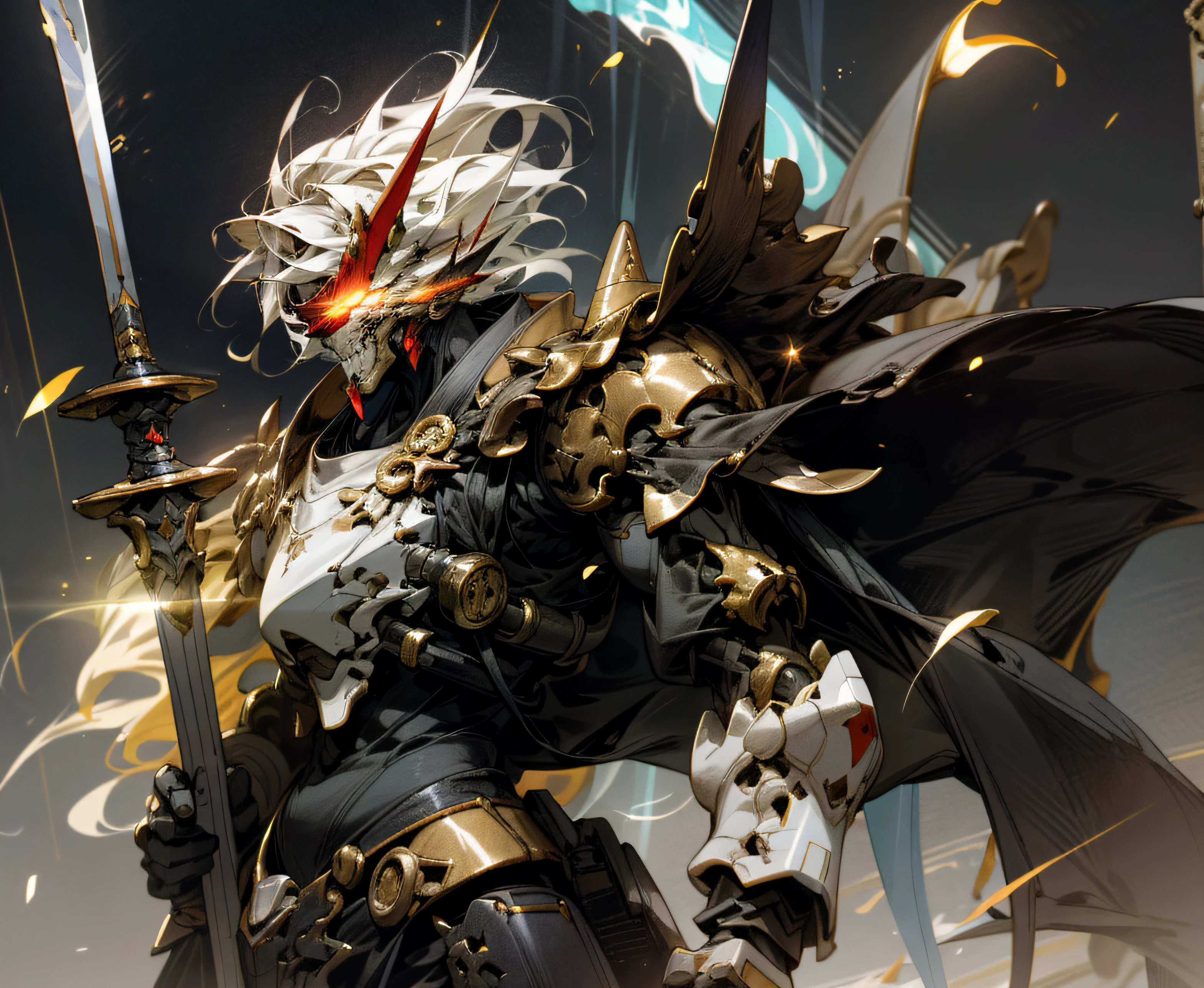 Vast and wide-angle war-ravaged sites of great detail,Full body like,The character is centered,Wielding a golden cane and a long sword,There stood a male king with strong fighting power,The head is shallow and emits purple-blue flames,His robe shone with golden particles of light,Full of royal momentum。Highest image quality,best detail, Perfect contrast, High- sharpness,dream scenery art,anime backgrounds, background artwork, dreamlike art, Atmospheric anime, starrysky,Detail enhancement。A beautiful game CG based on Doomsday Theme A,Hyper-detailing,Its hands held a heavy armored sword,It emits a fiery red glow:1.2,The eyes glow a dazzling red:0.8,3D quadratic diagram,lightand shade contrast,Light effects,Mecha is meticulous and exquisite,The mecha's face was delicate and clear,