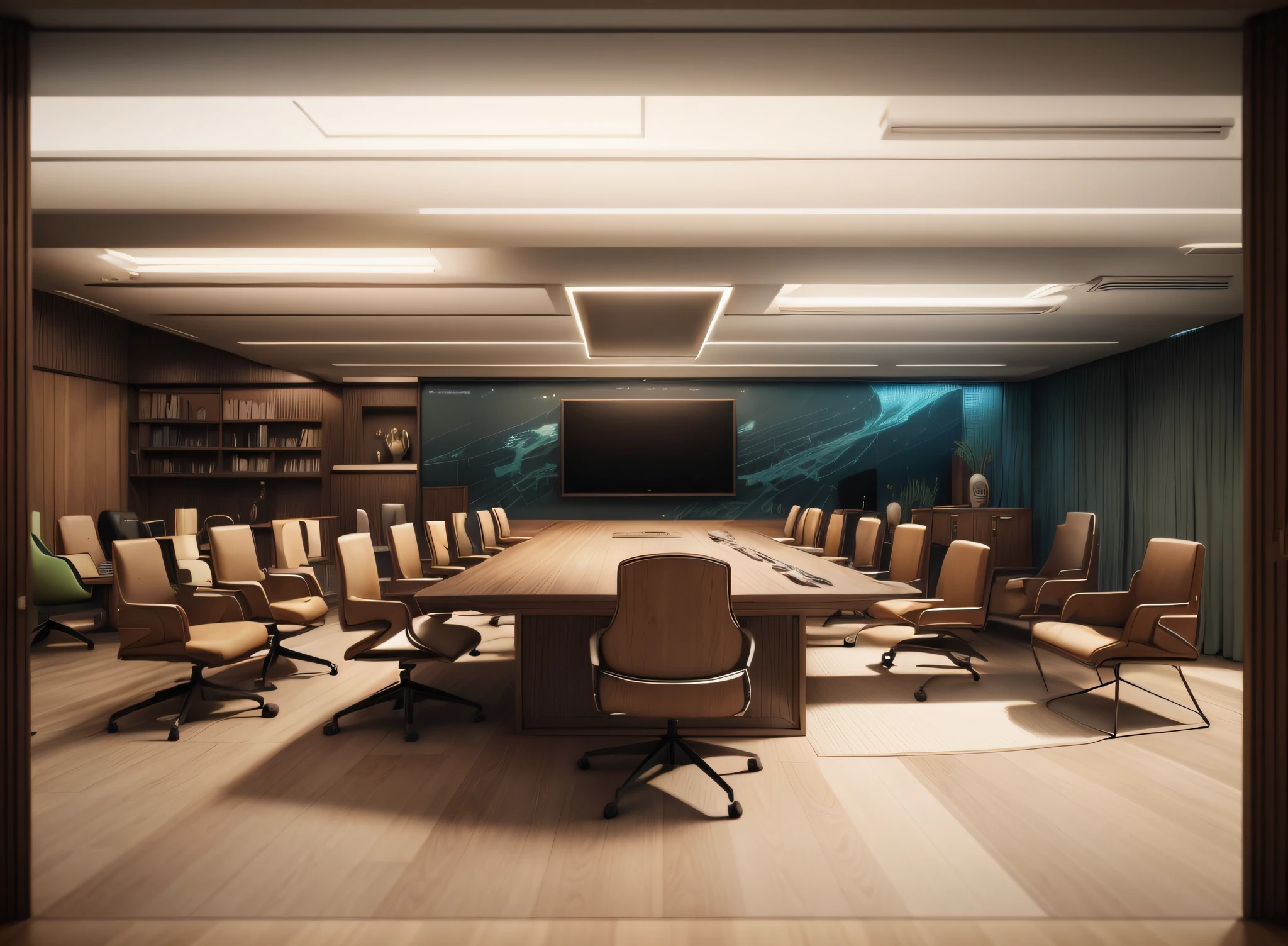 a board, conference meeting room, with exquisite table for 12 people, microphones on the desks, exquisite sound system, projection screens and video monitors