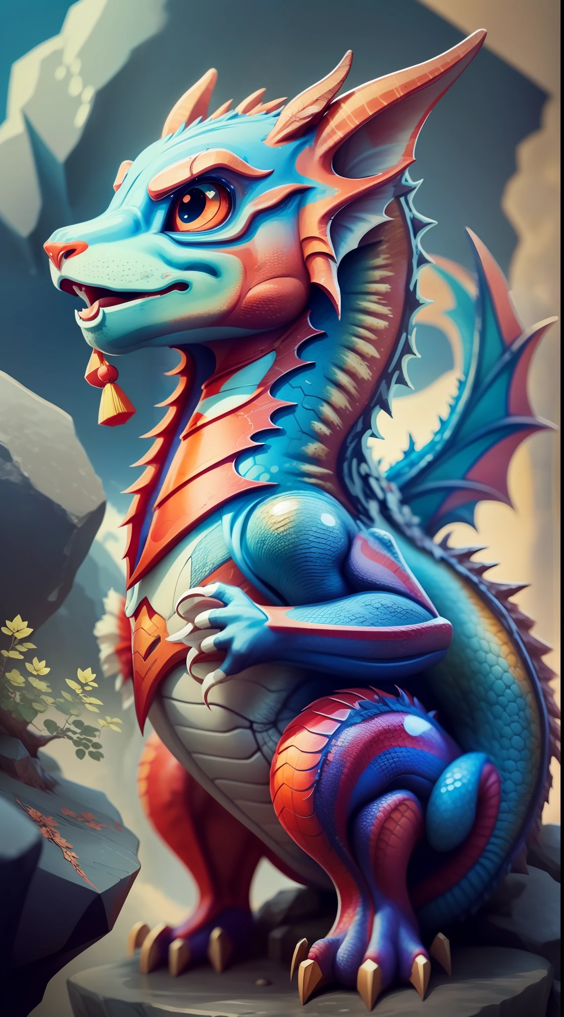 (Chinese superman dragon), magnificent superman dragon head close-up, cute and clever fun little dragon, lying on a huge stone, dragon head, game three views, cute anthropomorphic, rich in details: sharp claws, dragon horns, water waves and wind elements, streamlined lines and curves, conveying a sense of vitality and freedom, full of reality.