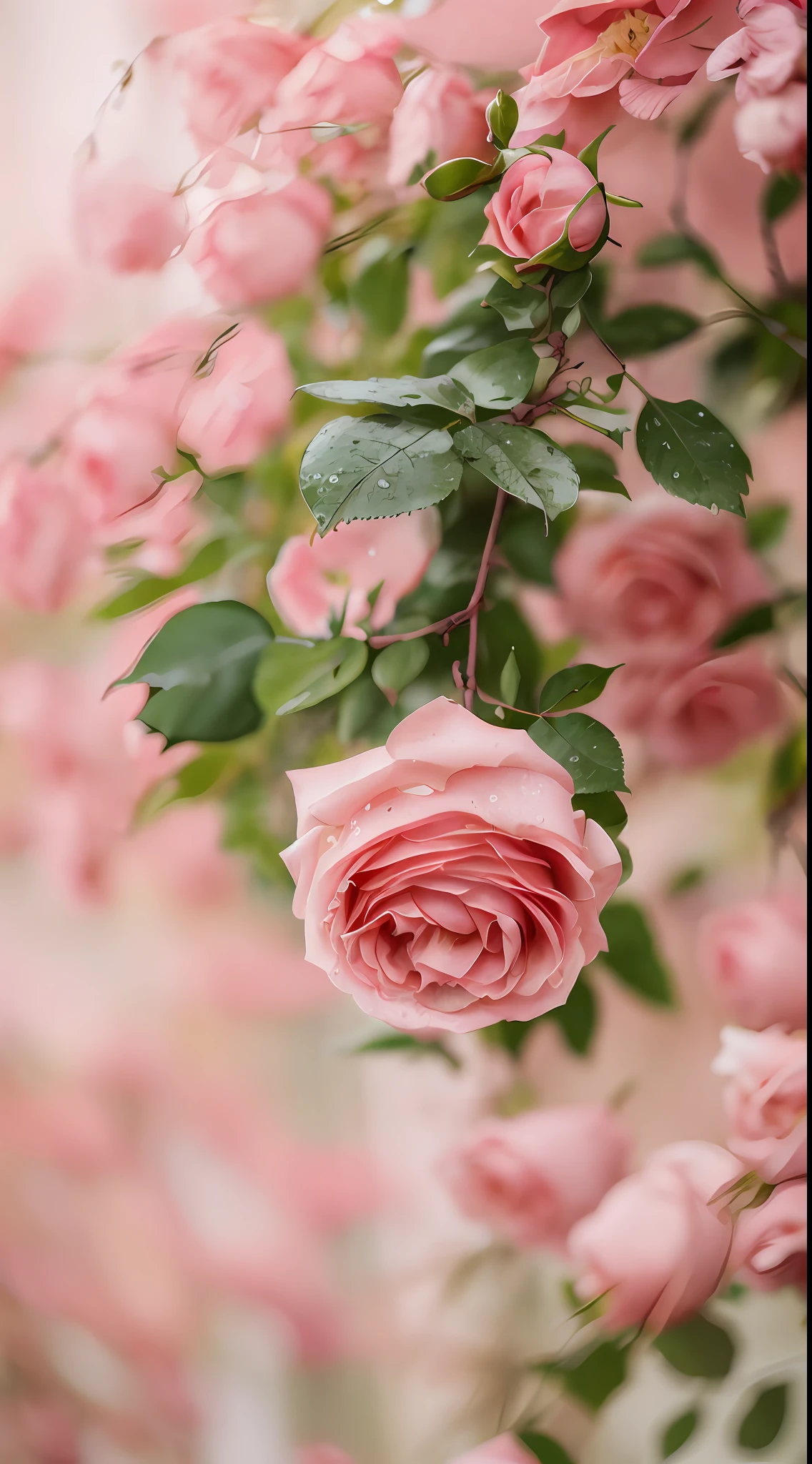 A pink rose hangs from the branch，There are water droplets on it, shot with a canon 35mm lens, photo of a rose, taken with a pentax k1000, rose twining, shot on leica sl2, melanchonic rose soft light, Pink rose, shot in canon 50mm f/1.2