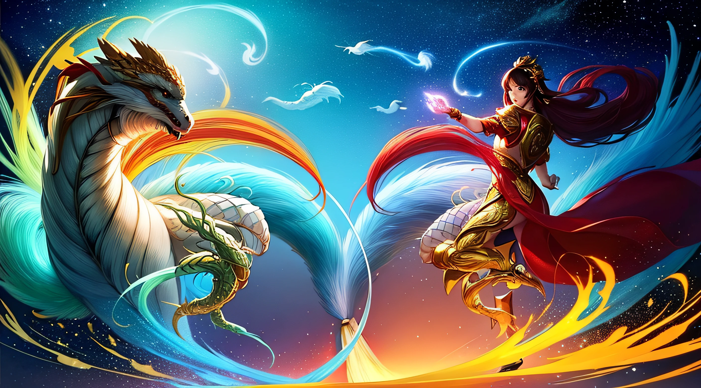 Ultra-realistic CG images、One beautiful woman with the highest quality details。Females with detailed characteristics、(Woman in dress)、The battle with the dragon is depicted。She is accompanied by Phoenix、Phoenix is launching an attack on the dragon。Face the Dragon。This photo depicts a spectacular battle scene.、It expresses women's resistance to dragons。